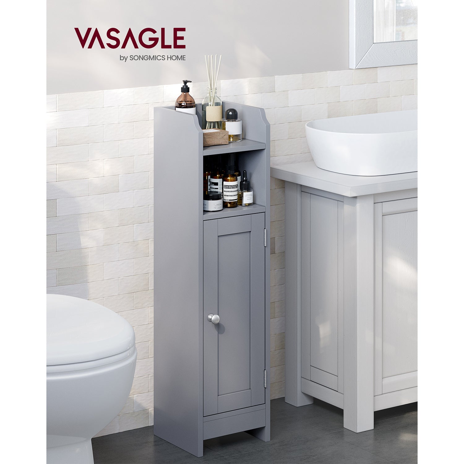 Small Bathroom Storage Corner Floor Cabinet with Door and Shelves - Mystic Gray