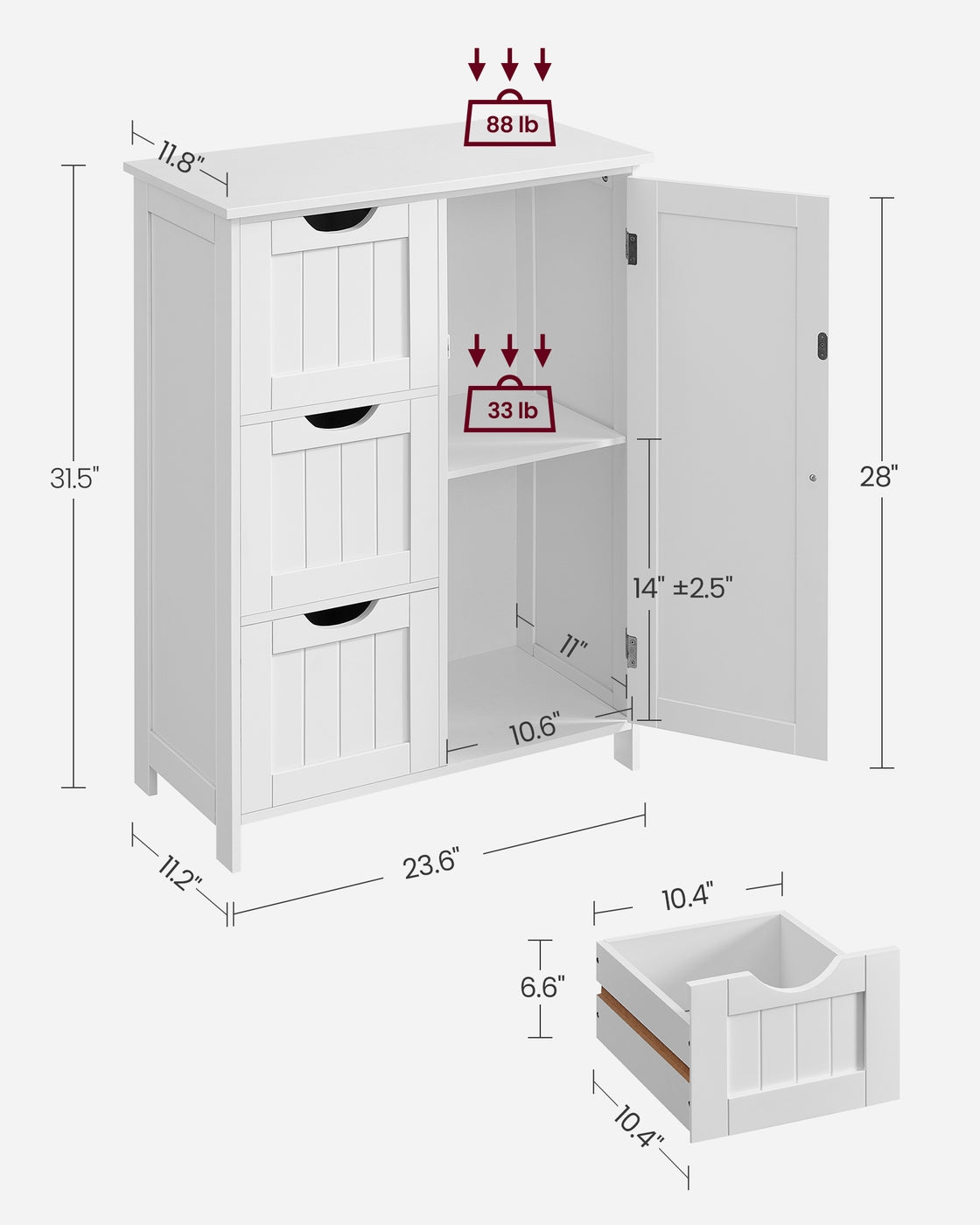 White Bathroom Storage Cabinet with 3 Drawers