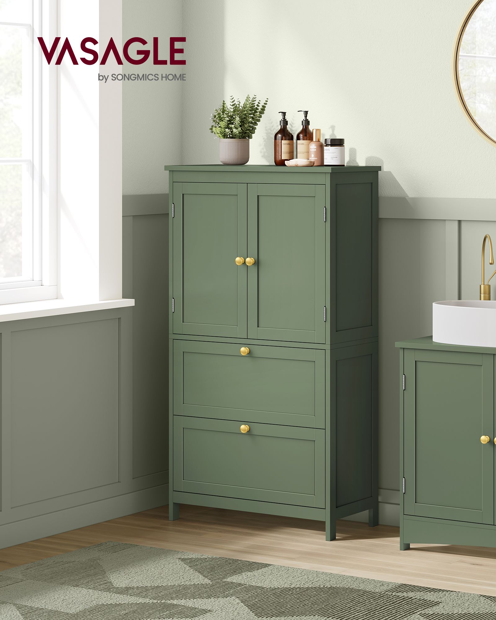 Bathroom Floor Storage Cabinet with 2 Drawers and 2 Doors - Forest Green