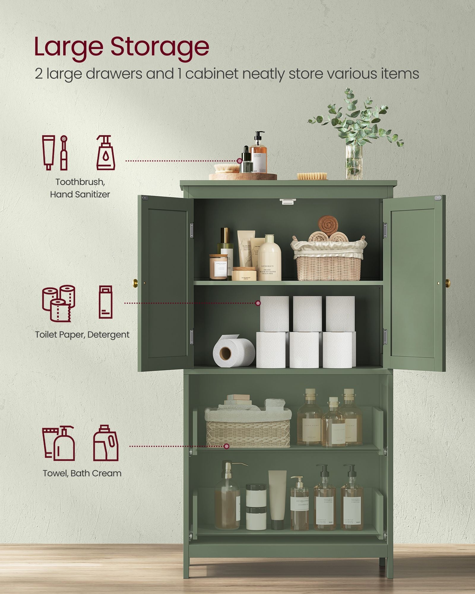 Bathroom Floor Storage Cabinet with 2 Drawers and 2 Doors - Forest Green
