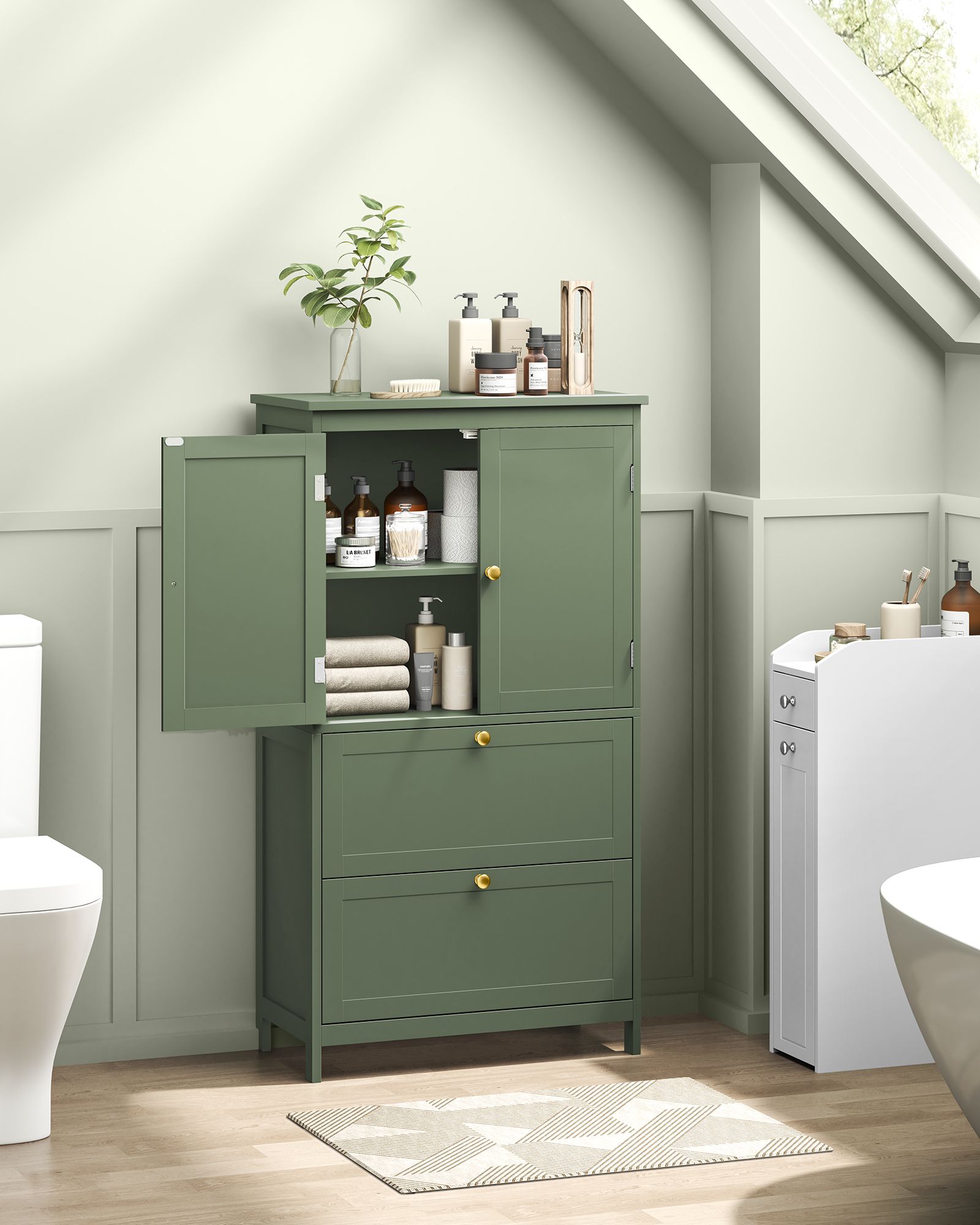 Bathroom Floor Storage Cabinet with 2 Drawers and 2 Doors - Forest Green