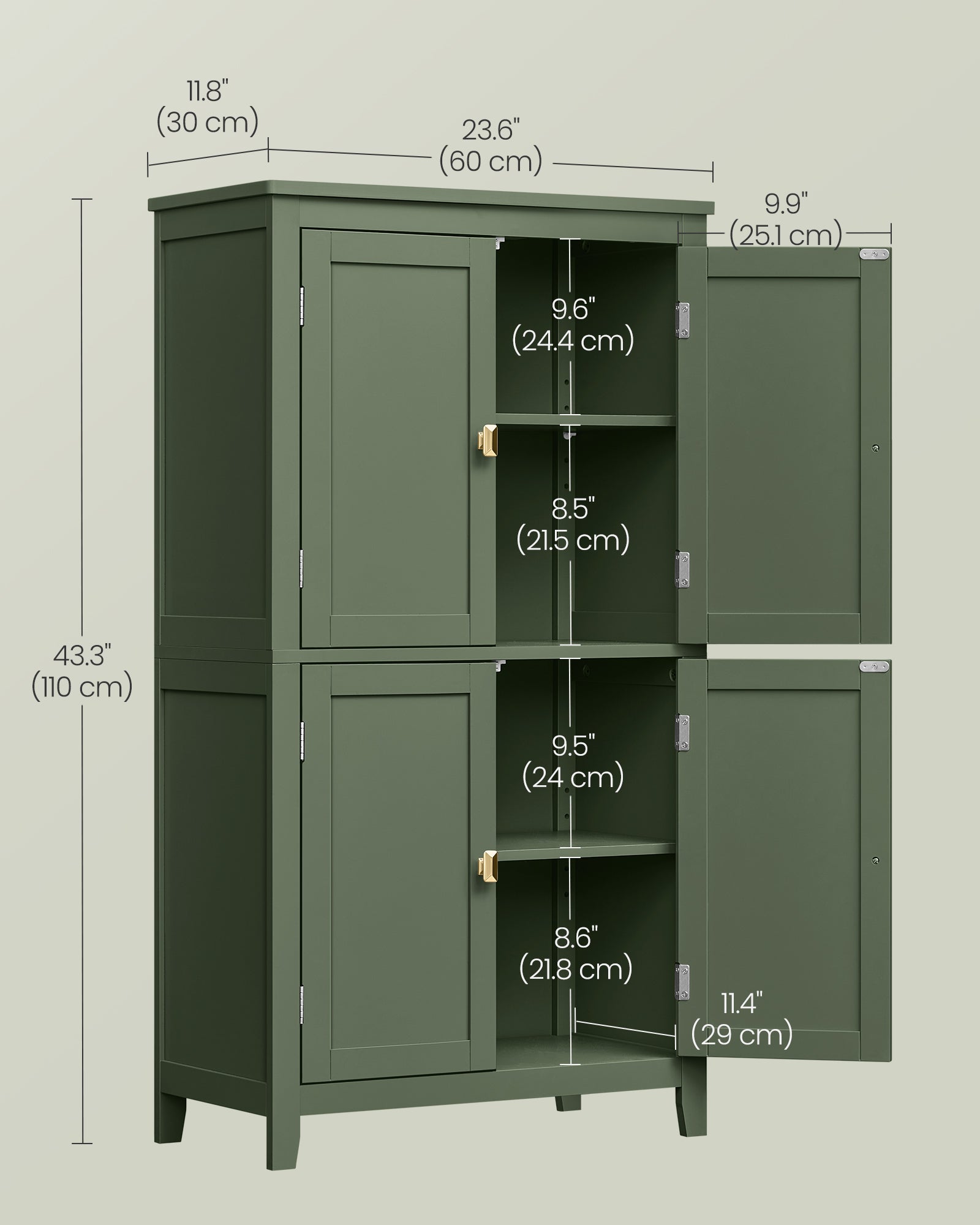 Bathroom Floor Storage Cabinet with 4 Doors - Forest Green