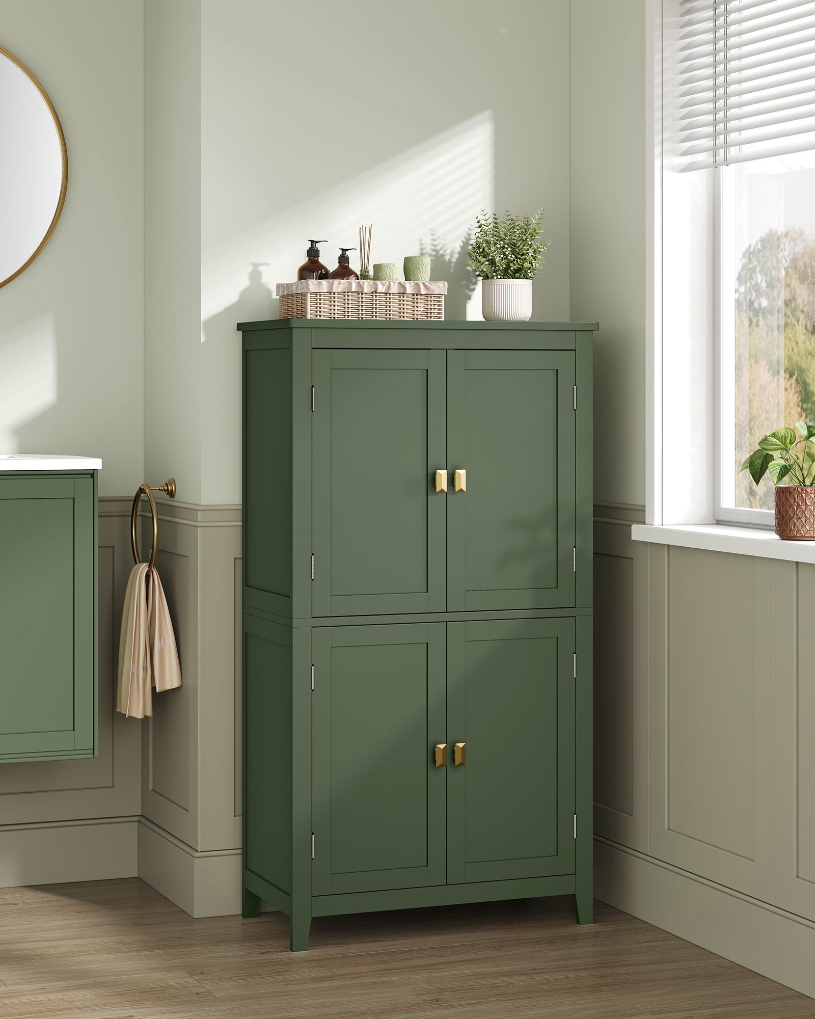 Bathroom Floor Storage Cabinet with 4 Doors - Forest Green