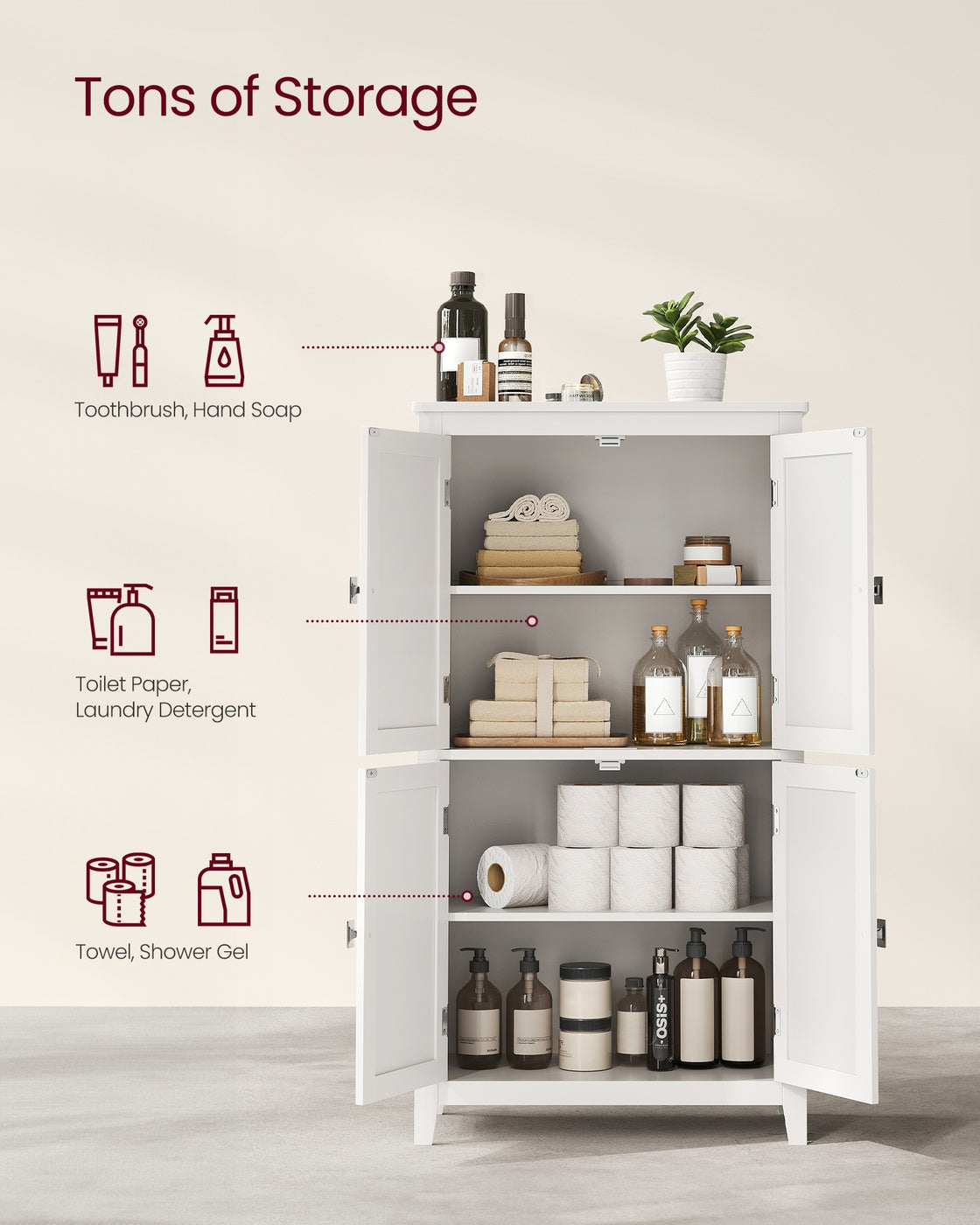 Bathroom Floor Storage Cabinet - 4 Doors