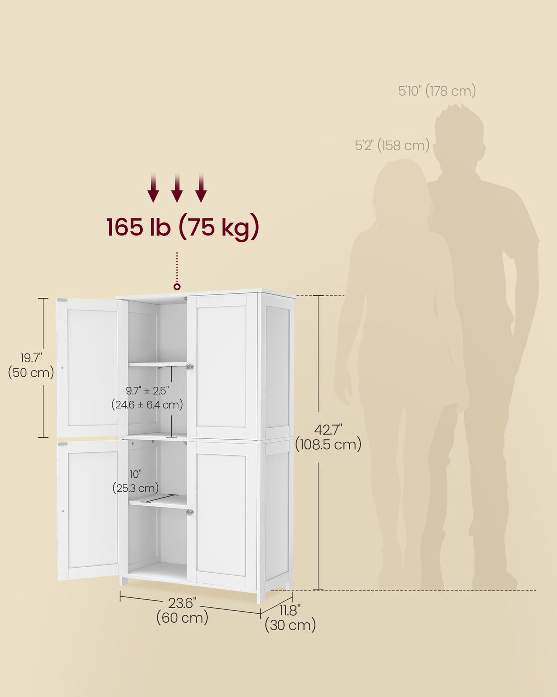 Floor Storage Cabinet - Adjustable Shelves And Doors - 43 Inch