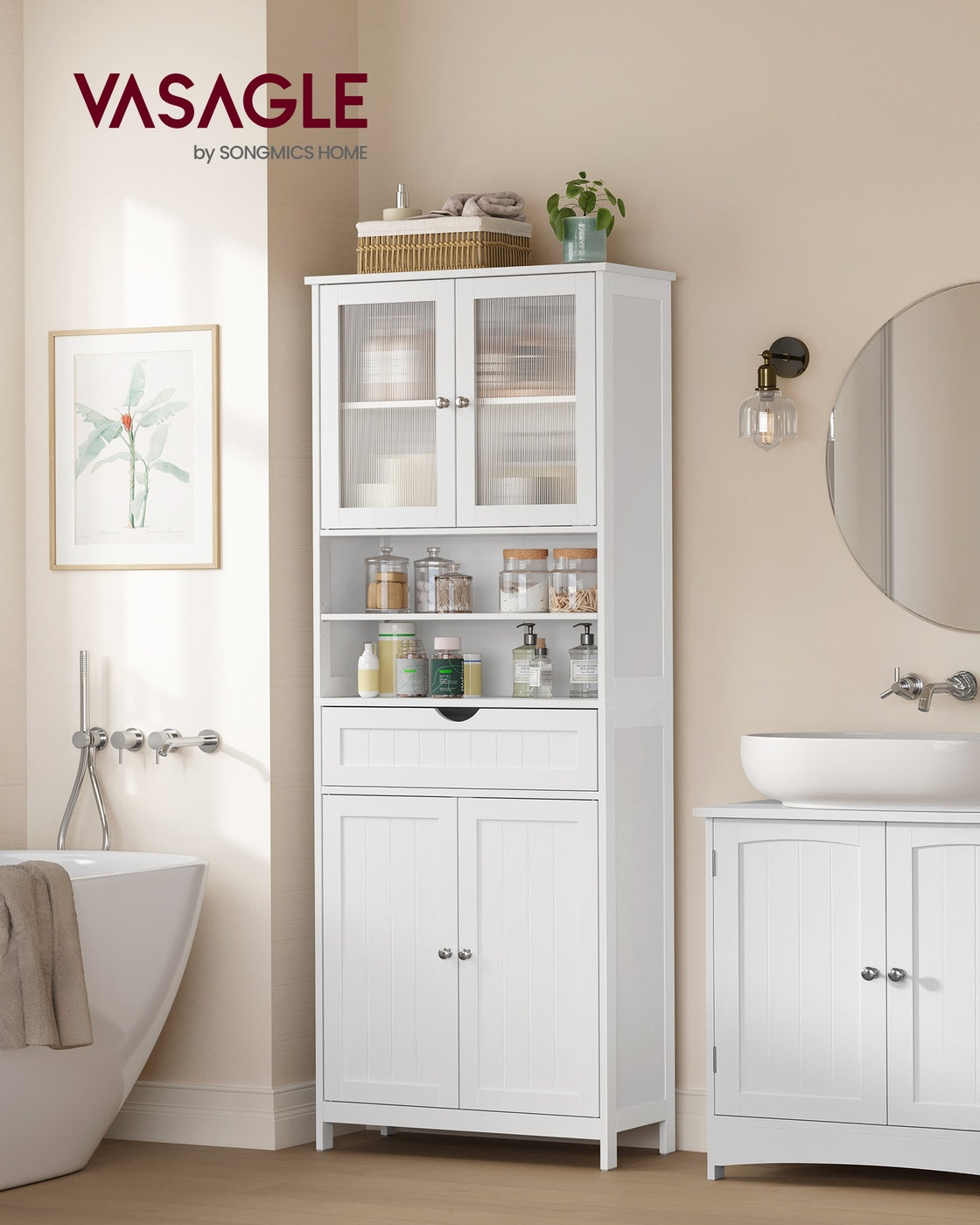 Tall Storage Cabinet - Adjustable Shelves - Drawers And Open Compartments - 67 Inch
