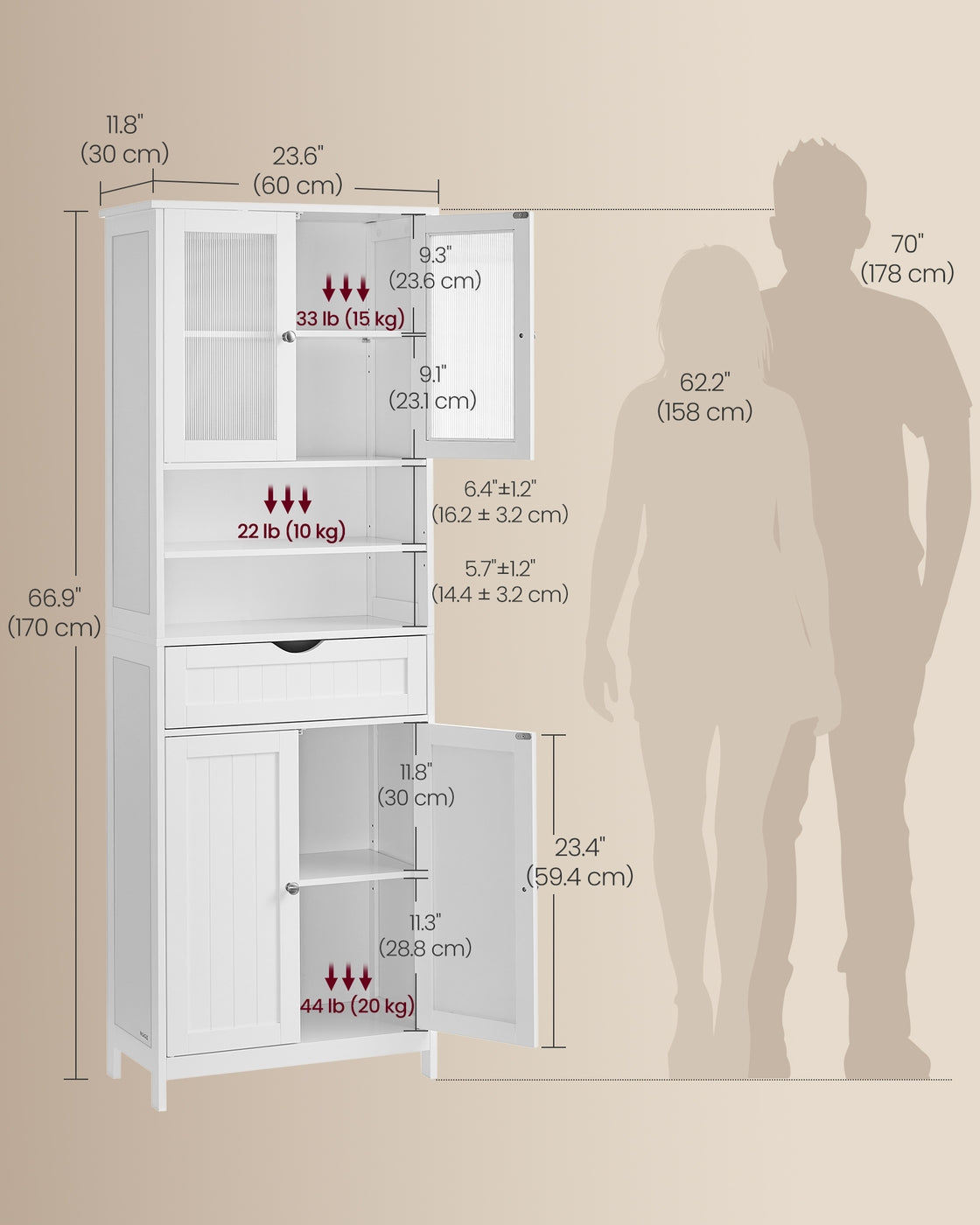 Tall Storage Cabinet - Adjustable Shelves - Drawers And Open Compartments - 67 Inch