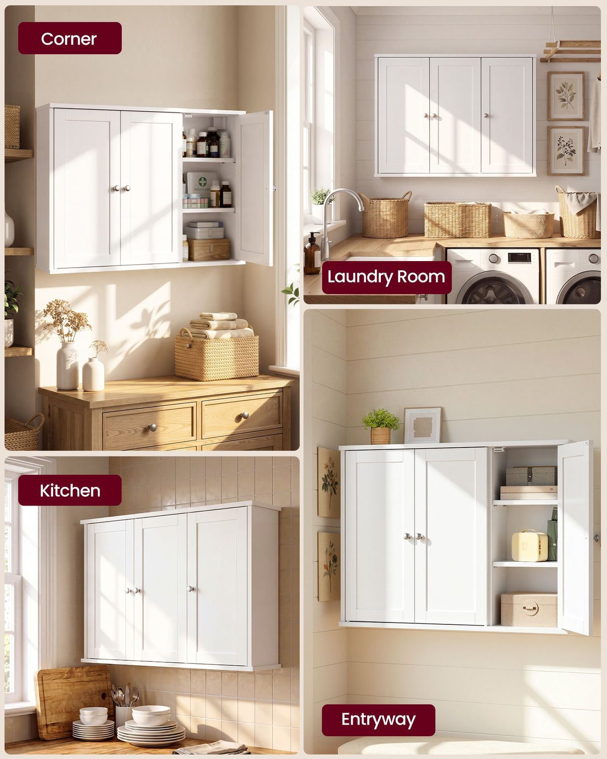 Bathroom Wall Cabinet - Wide 31.5 Inch - 3 Framed Doors - Cloud White