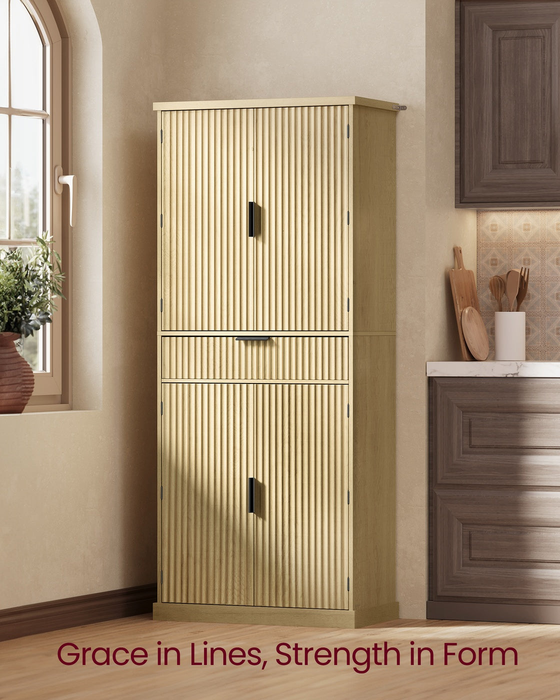 Pantry Cabinet - 15.7 x 30 x 71.7 Inches - Freestanding Tall Cupboard Storage Cabinet with a Drawer - Oak Beige
