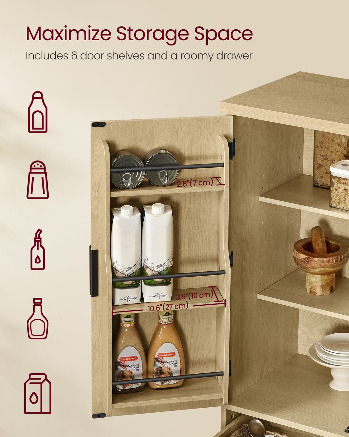 Pantry Cabinet - 15.7 x 30 x 71.7 Inches - Freestanding Tall Cupboard Storage Cabinet with a Drawer - Oak Beige