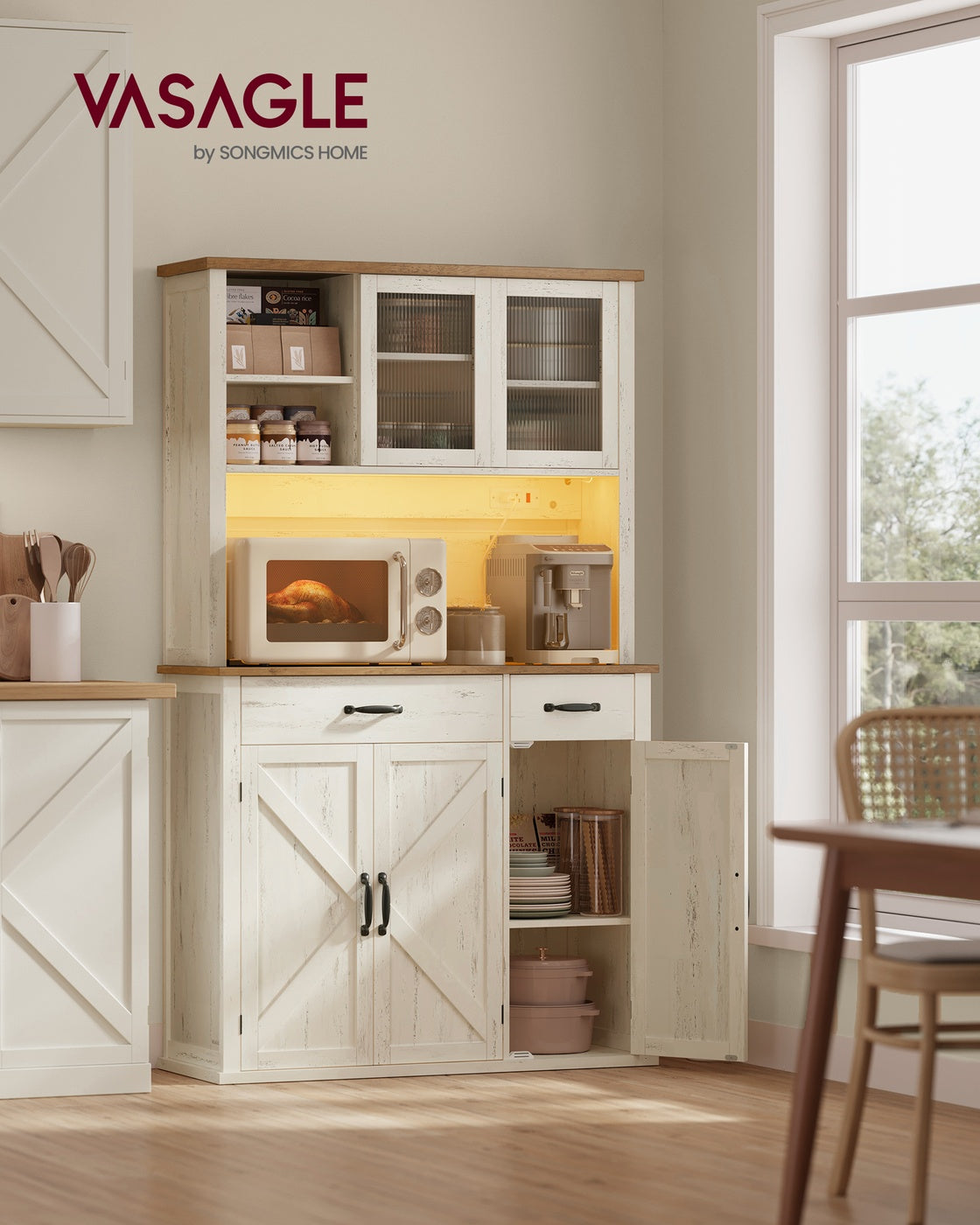 Pantry Cabinet with Lights and Charging Station 15.6 x 41.9 x 71.1 Inches Rustic White