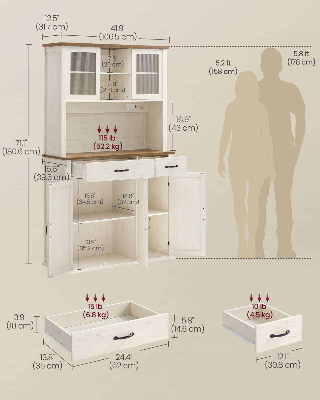 Pantry Cabinet with Lights and Charging Station 15.6 x 41.9 x 71.1 Inches Rustic White