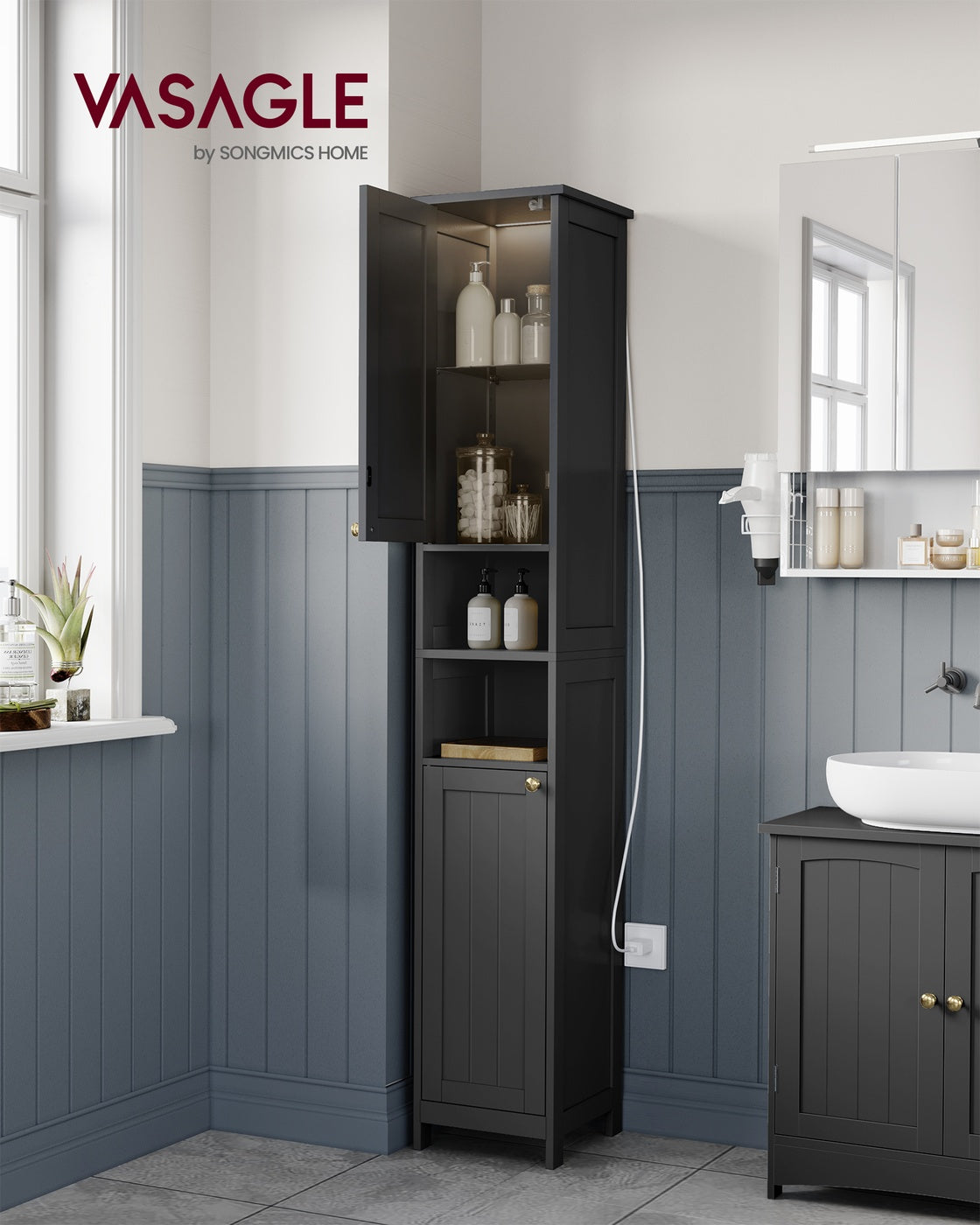Tall Storage Cabinet with Lights Matte Black