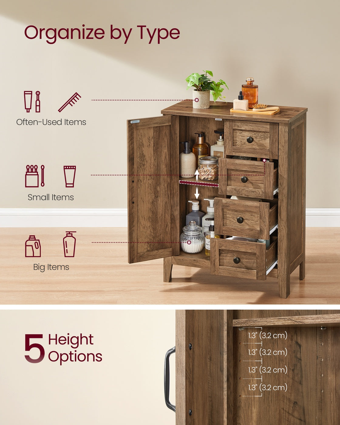 Farmhouse Bathroom Cabinet - 4 Drawers - 31 Inch - Floor Storage