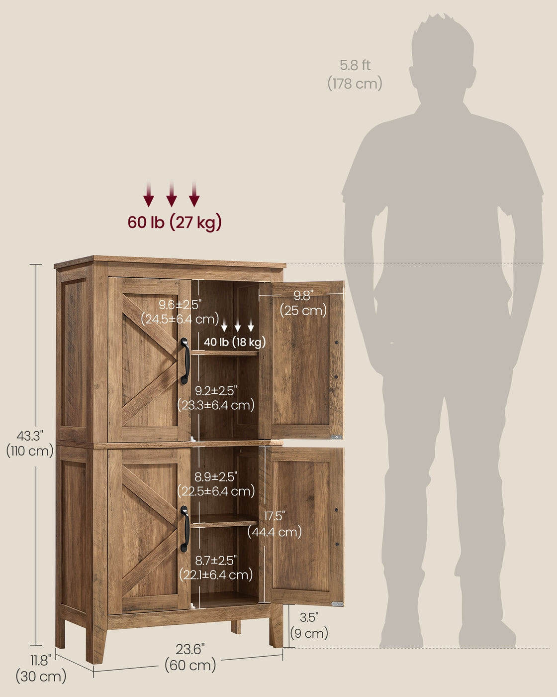 Farmhouse Storage Cabinet - Barn Doors - 43 Inch - Tall Bathroom Cabinet