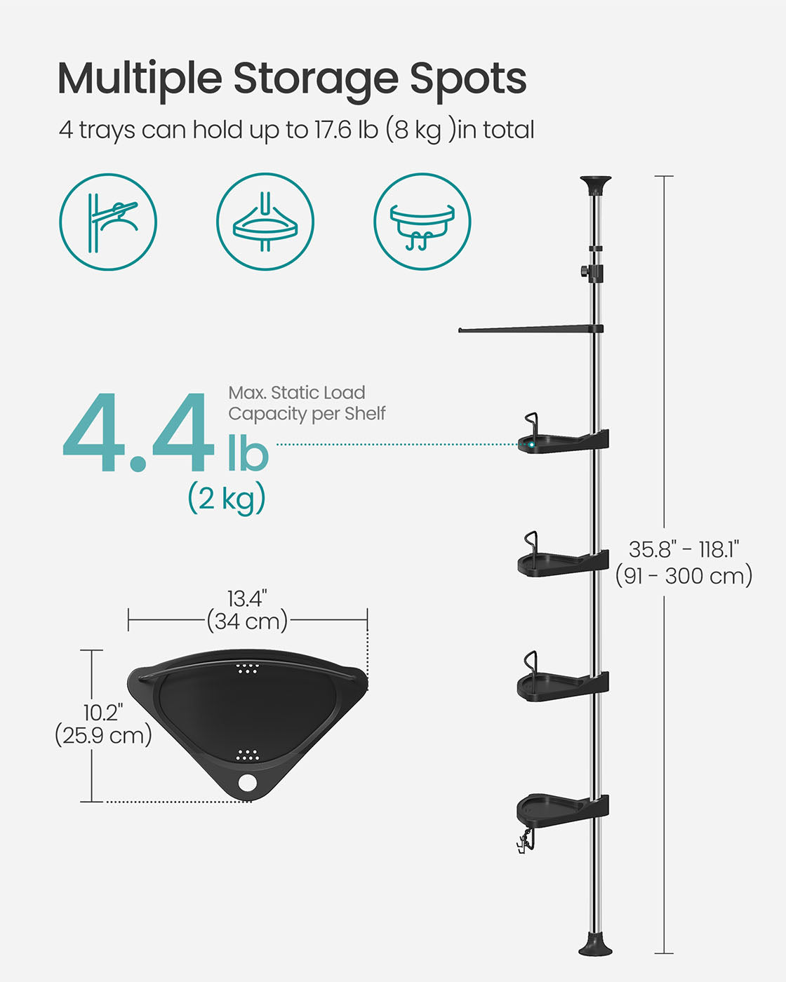 Corner Shower Caddy Tension Pole - 35.8 to 118.1 Inches