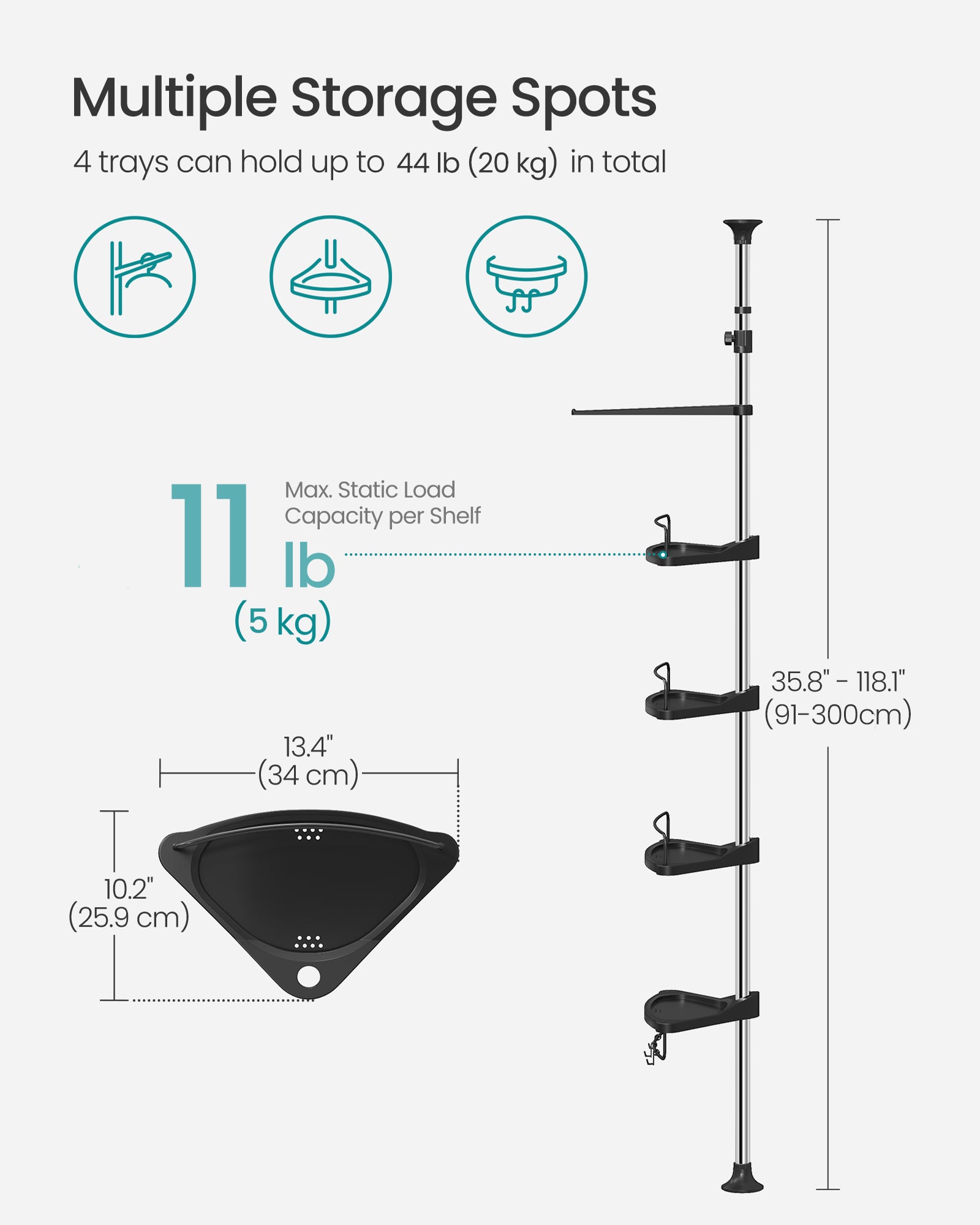 Corner Shower Caddy Tension Pole - 35.8 to 118.1 Inches