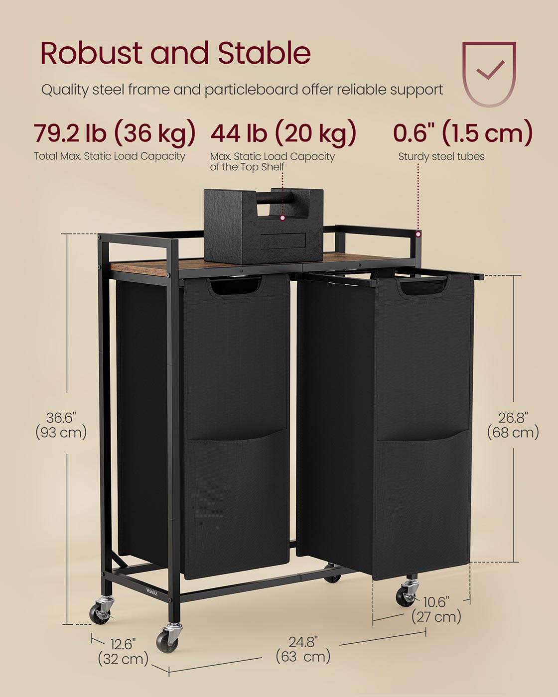Laundry Sorter 29 Gal. (110 L) 2 Compartments Ink Black and Rustic Brown