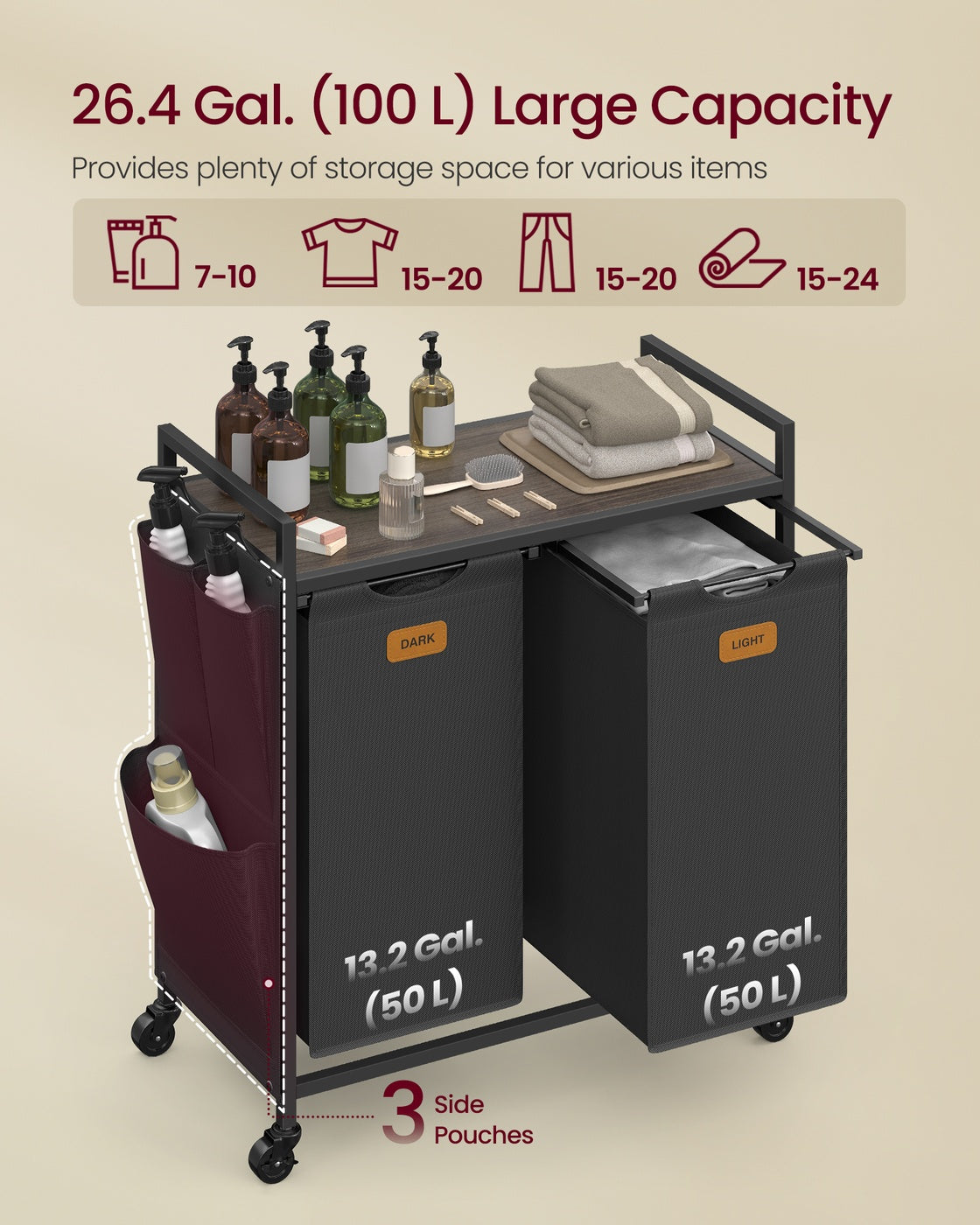 Rolling Laundry Hamper with Shelves and Compartments
