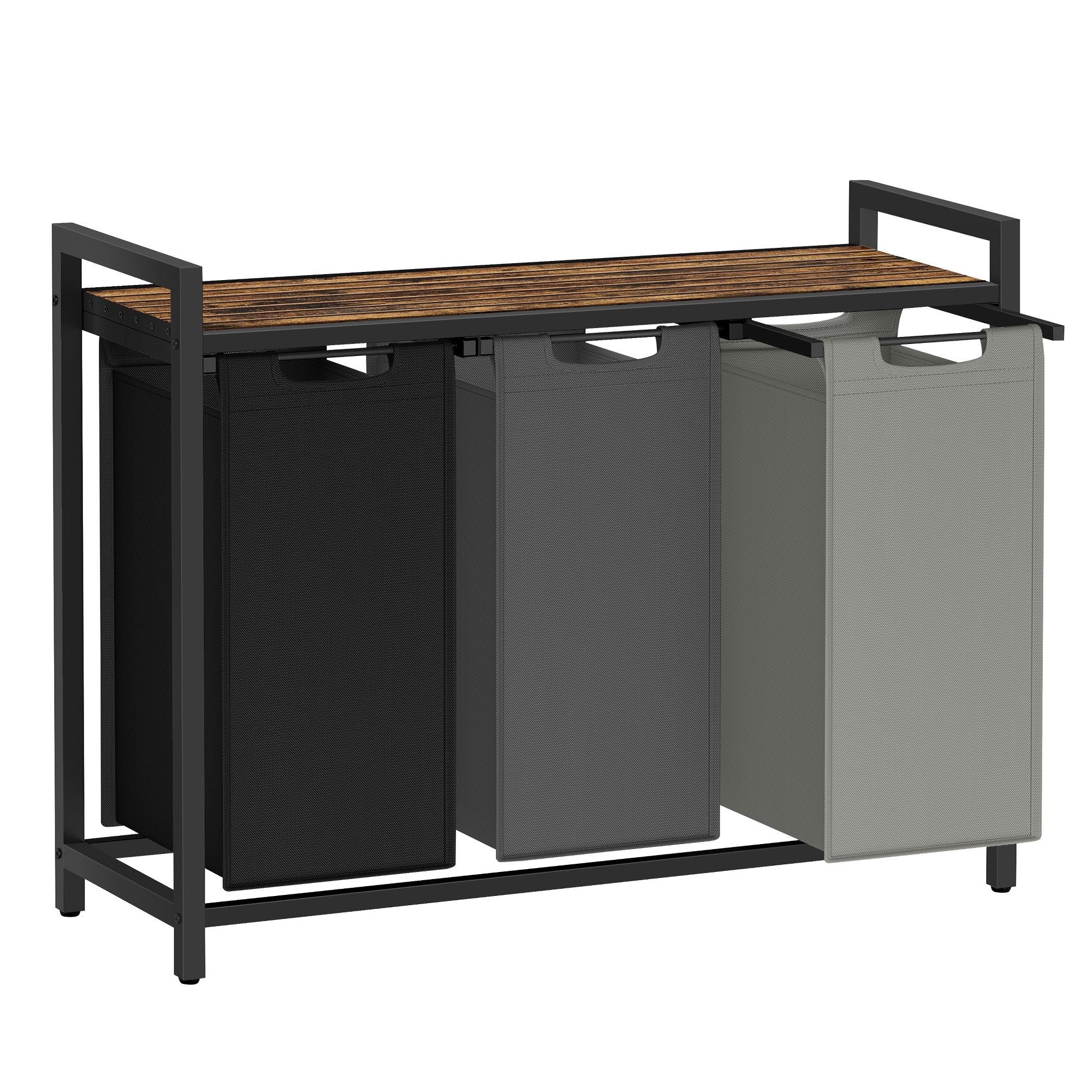Laundry Hamperwith 3 Pull-Out and Removable Bags - 36.4 x 13 x 28.4 Inches - Tricolor and Rustic Brown - Ink Black, Slate Gray, Dove Gray, Rustic Brown