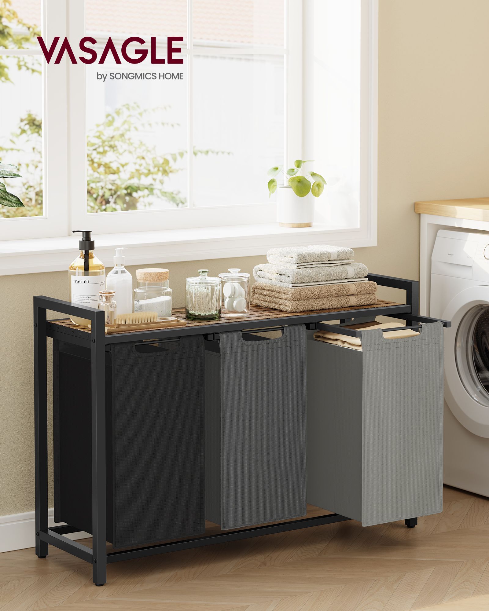Laundry Hamperwith 3 Pull-Out and Removable Bags - 36.4 x 13 x 28.4 Inches - Tricolor and Rustic Brown - Ink Black, Slate Gray, Dove Gray, Rustic Brown