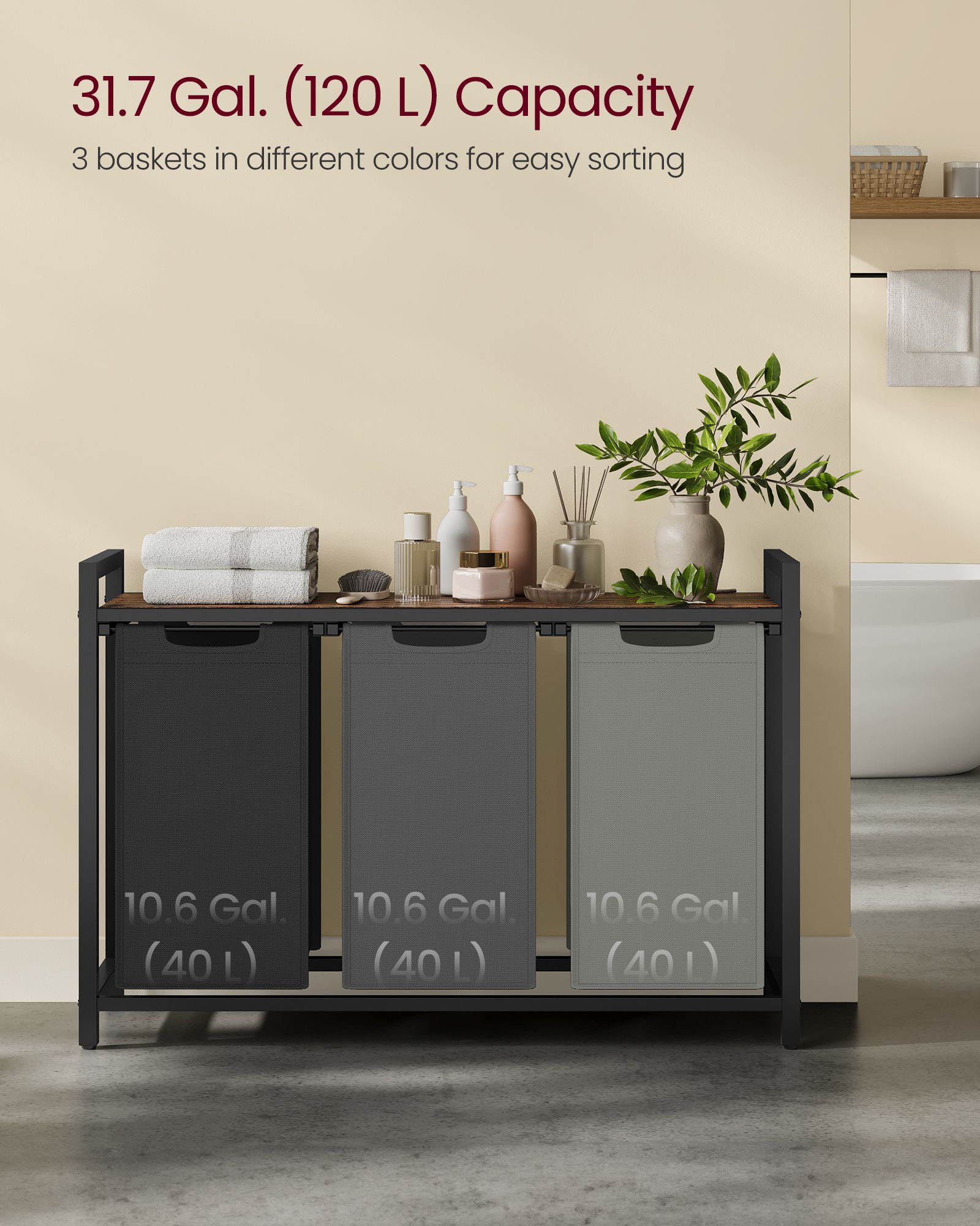 Laundry Hamperwith 3 Pull-Out and Removable Bags - 36.4 x 13 x 28.4 Inches - Tricolor and Rustic Brown - Ink Black, Slate Gray, Dove Gray, Rustic Brown