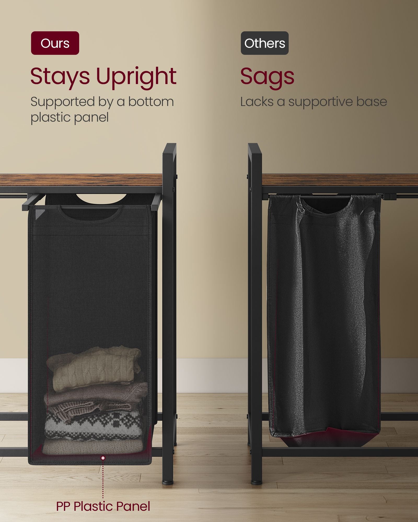 Laundry Hamperwith 3 Pull-Out and Removable Bags - 36.4 x 13 x 28.4 Inches - Tricolor and Rustic Brown - Ink Black, Slate Gray, Dove Gray, Rustic Brown