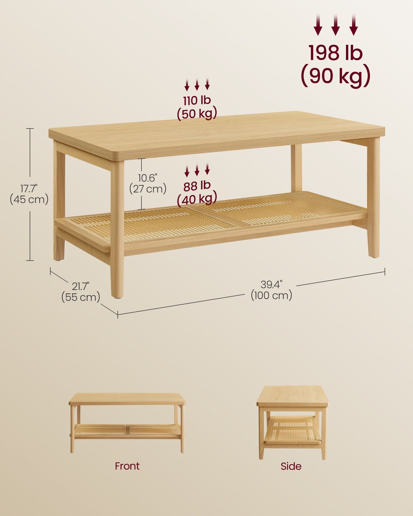 BOHO Coffee Table - Rattan Shelf - MDF Top - Rectangular Design