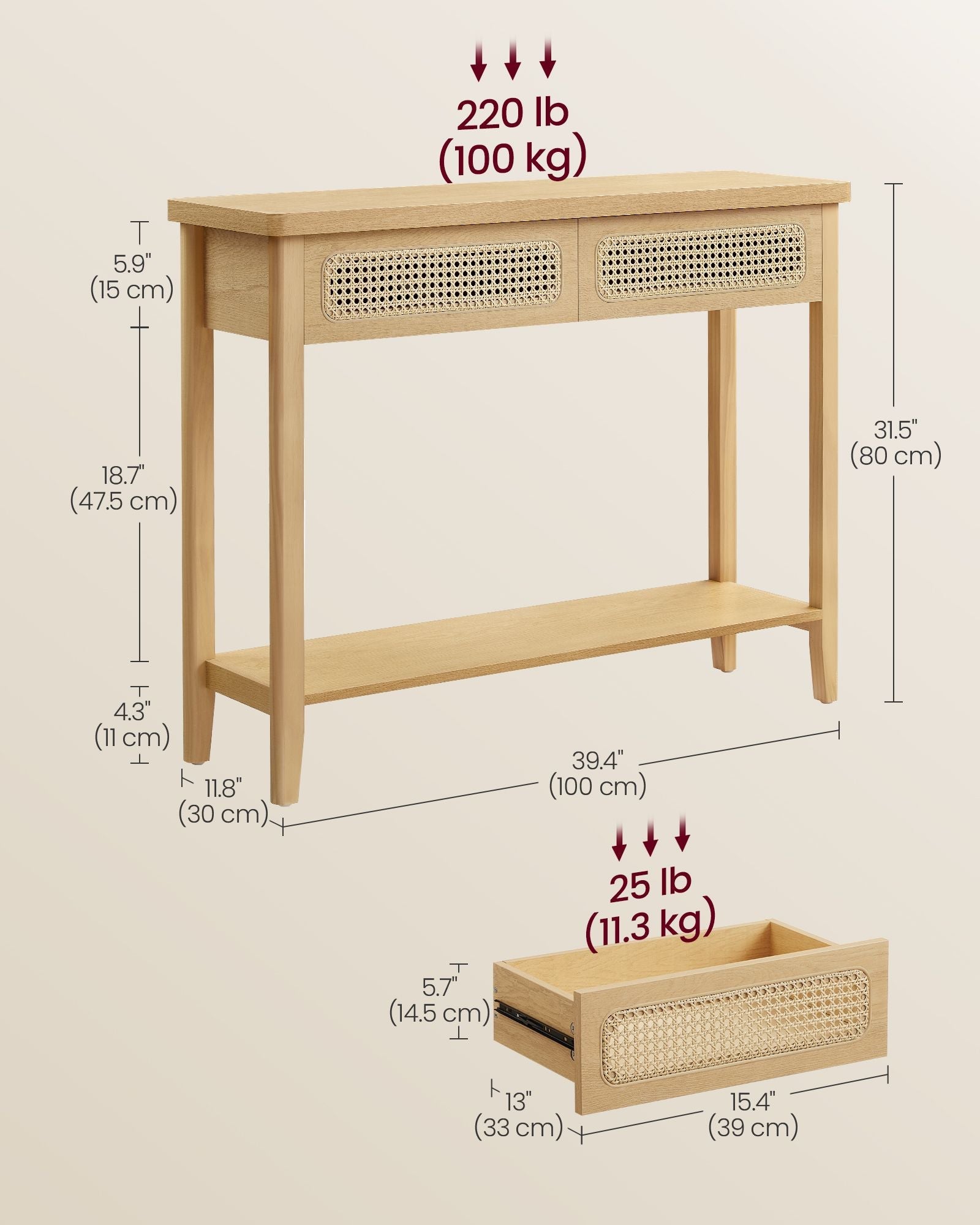 BOHO Console Table - Rattan Drawer Front - 2 Drawers - Open Shelf - Entryway or Living Room