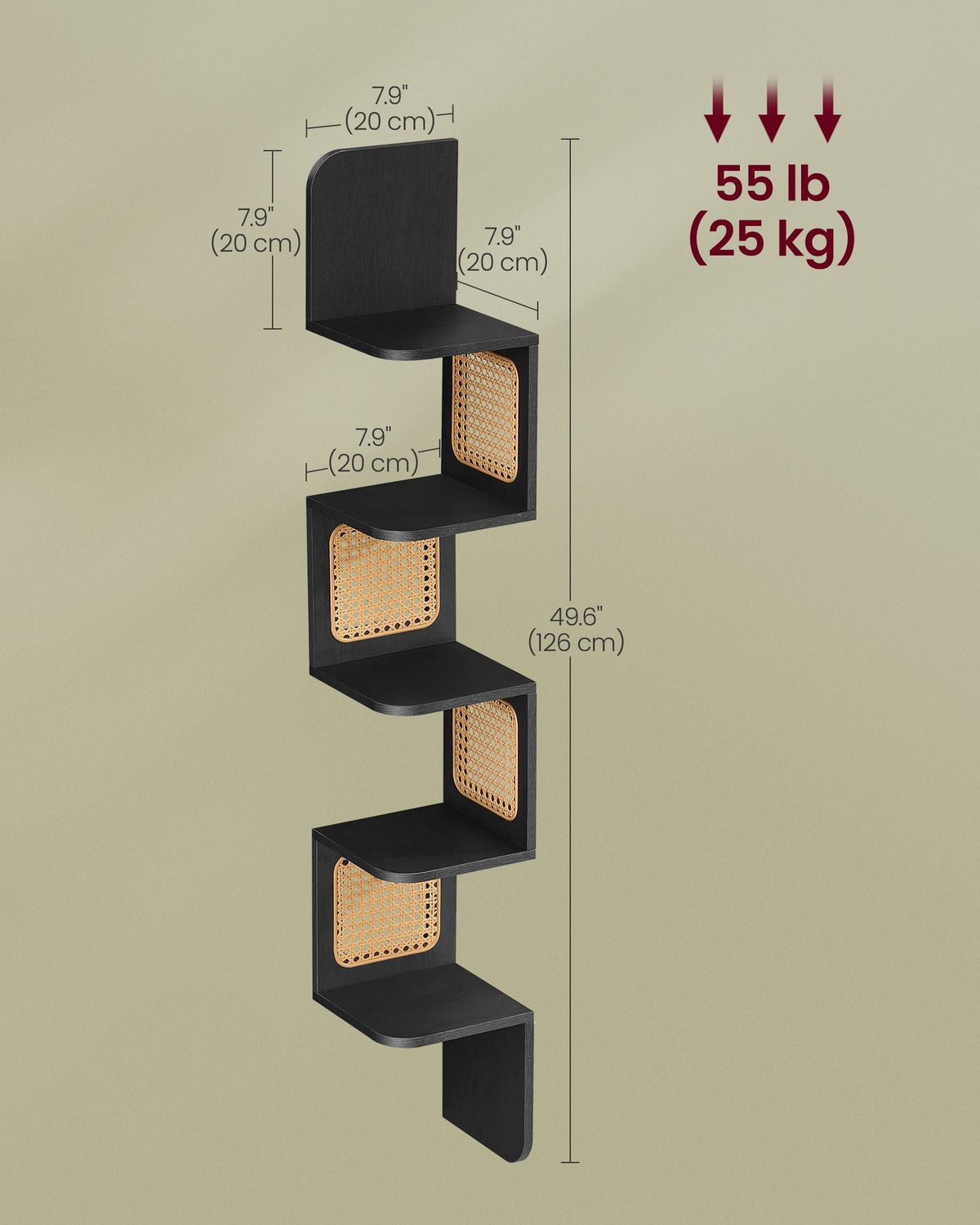 BOHO Corner Shelf - 5 Tiers - Wall-Mounted - PVC Rattan Sides - Space-Saving Design