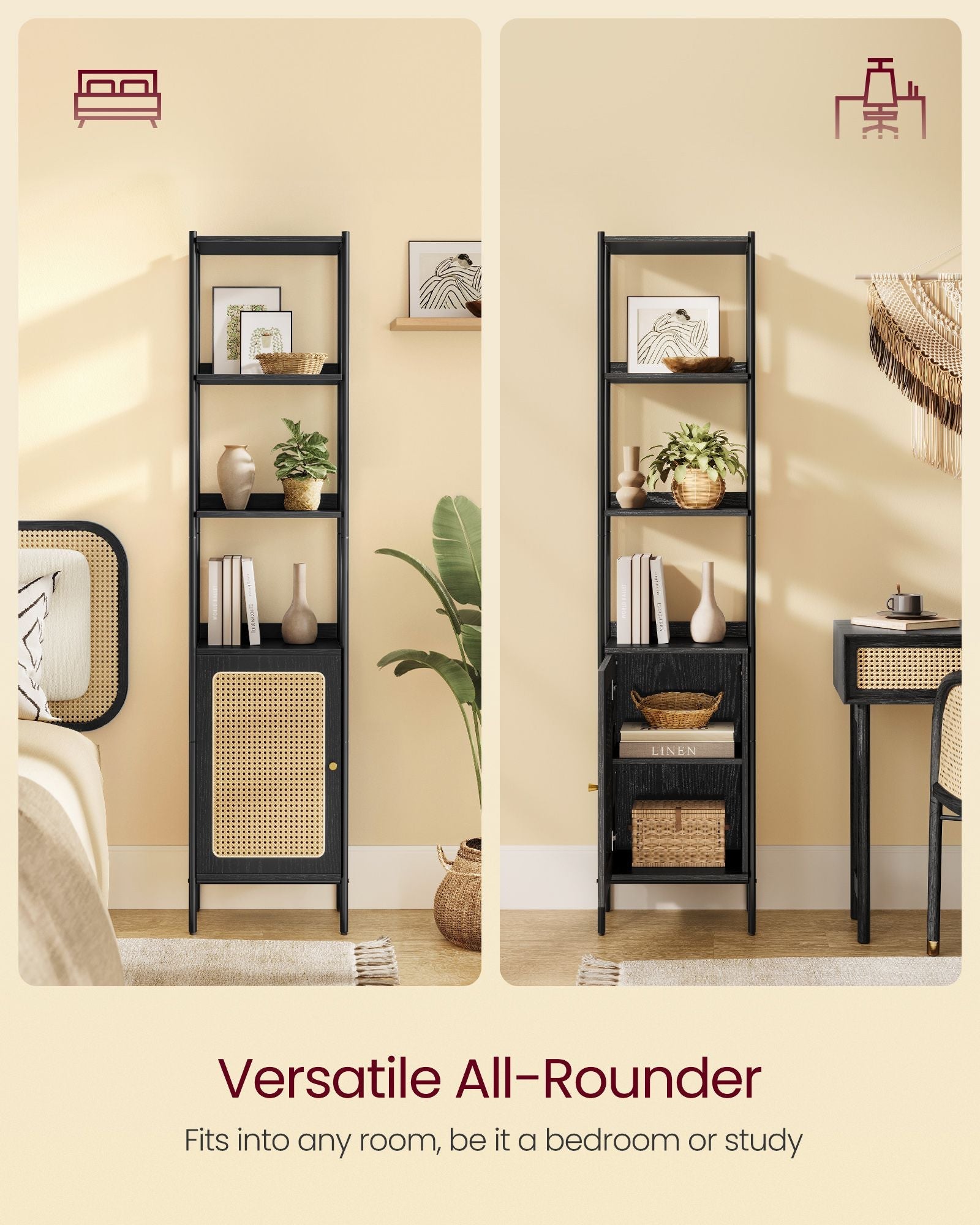 BOHO Tall Bookcase, Rattan Cabinet, Narrow/Wide, Open/Enclosed Storage