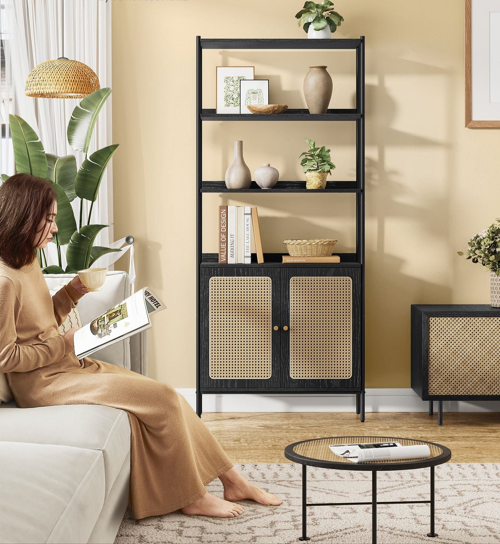 BOHO Tall Bookcase, Rattan Cabinet, Narrow/Wide, Open/Enclosed Storage