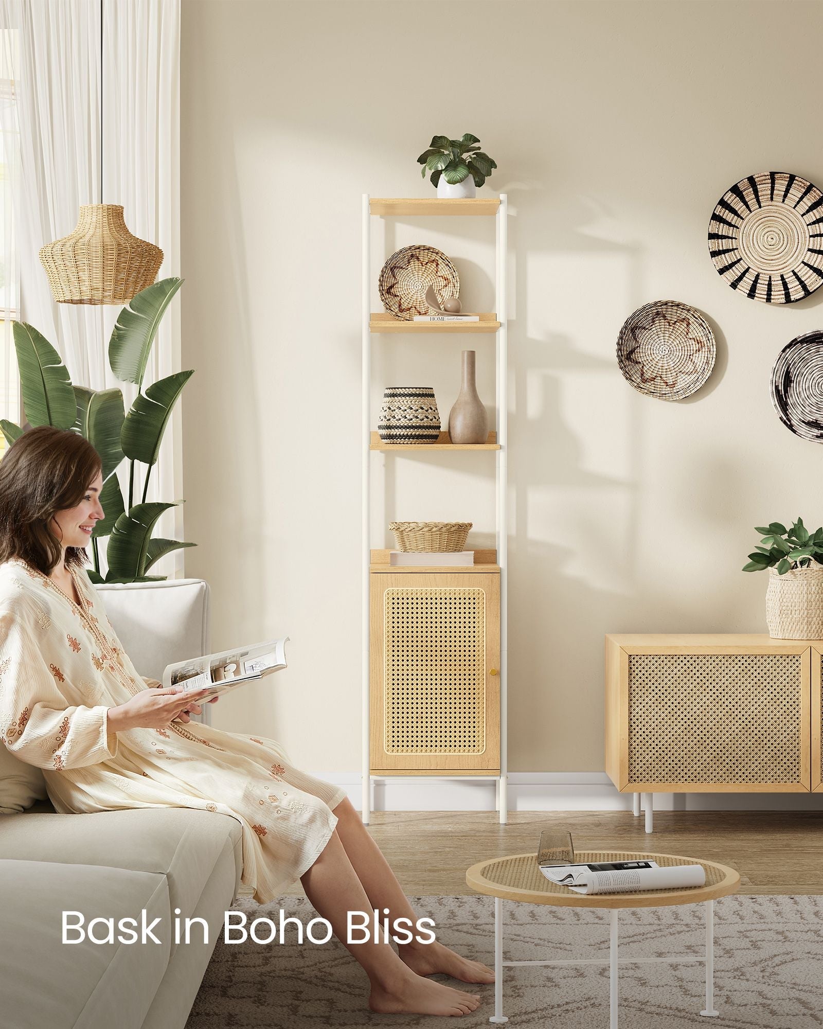 BOHO Tall Bookcase, Rattan Cabinet, Narrow/Wide, Open/Enclosed Storage
