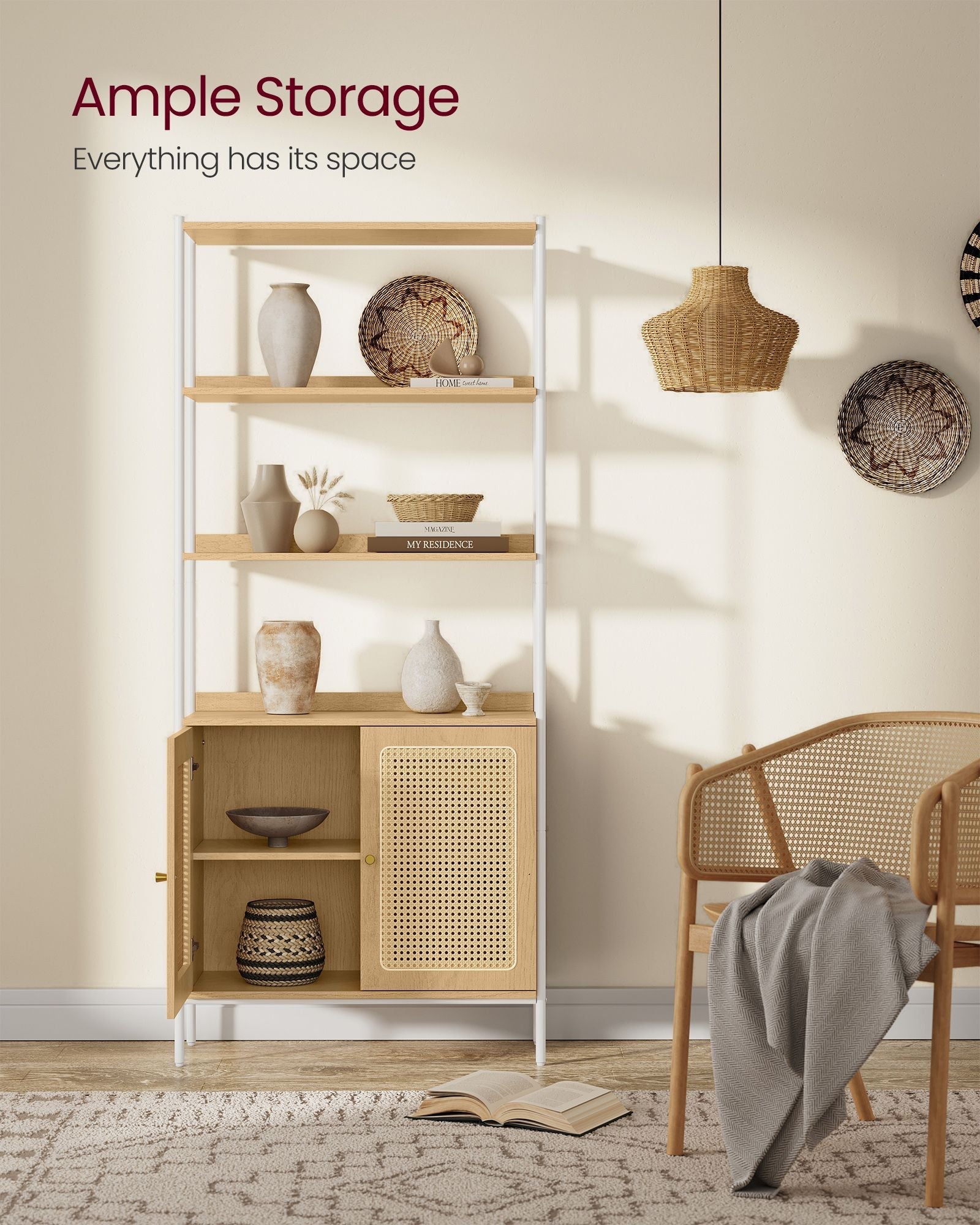 BOHO Tall Bookcase, Rattan Cabinet, Narrow/Wide, Open/Enclosed Storage