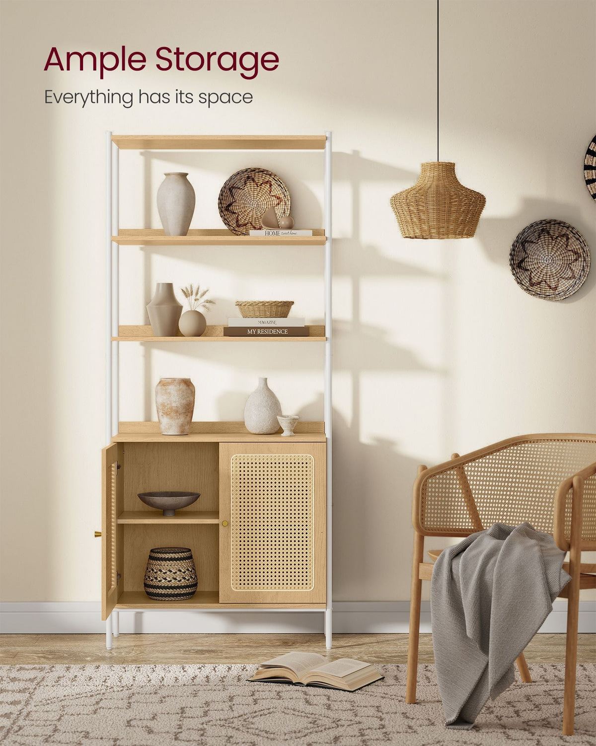 BOHO Tall Bookcase, Rattan Cabinet, Narrow/Wide, Open/Enclosed Storage