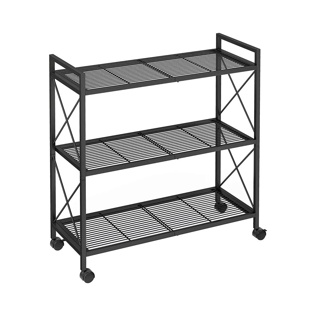 3-Tier Metal Storage Rack - Wheels - Mesh Shelves - 32 Inch Wide - Black