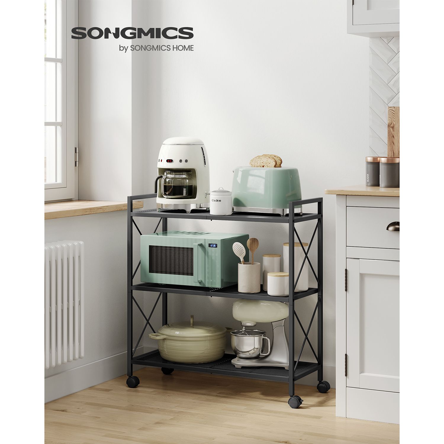 3-Tier Metal Storage Rack - Wheels - Mesh Shelves - 32 Inch Wide