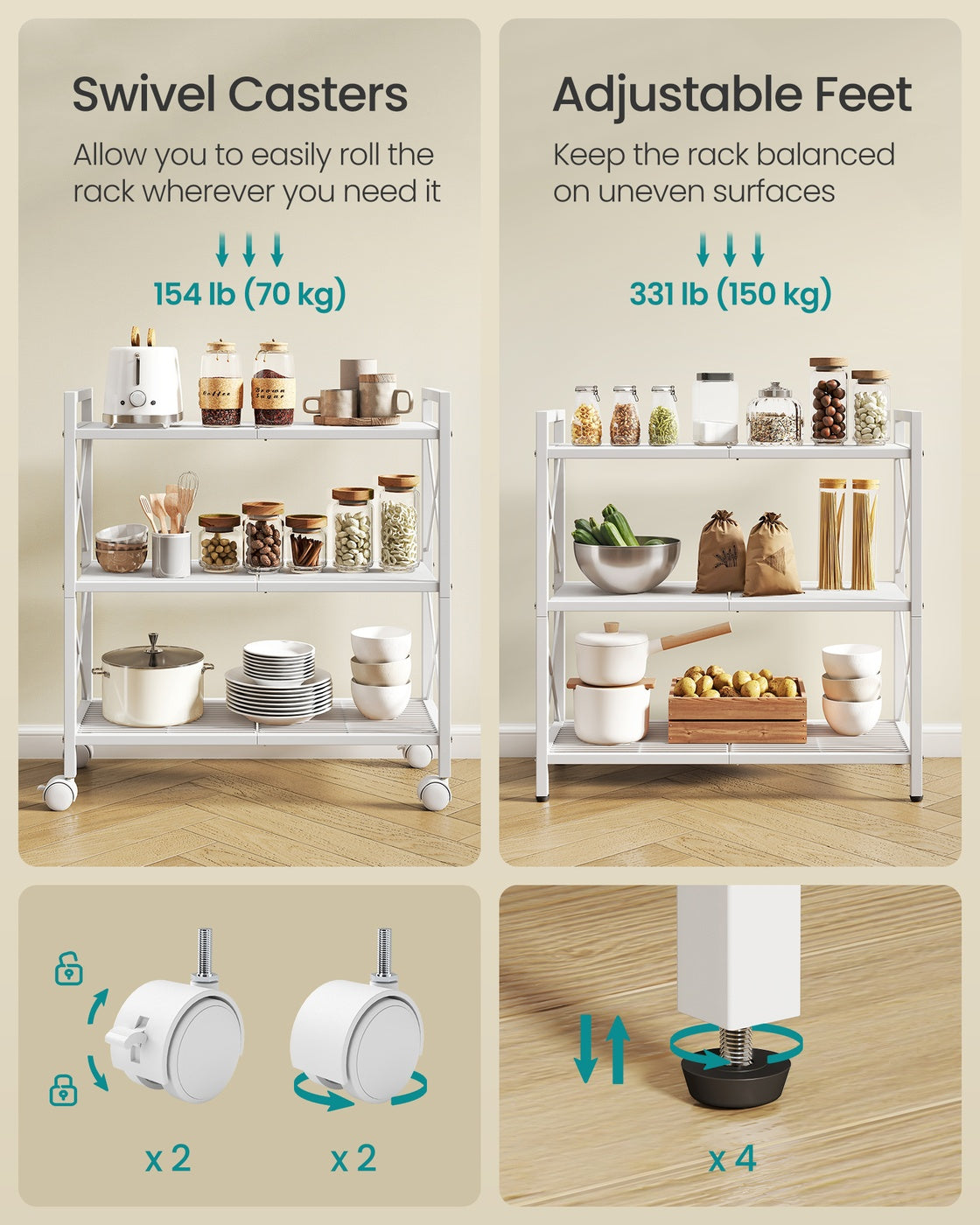 Metal Storage Rack - 3-Tier - Wheels - Mesh Shelves
