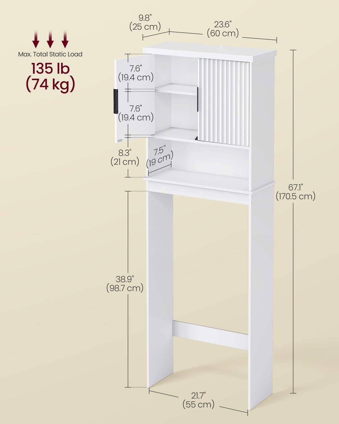 MAXE Collection - Over the Toilet Storage Cabinet - 23.6-Inch Wide Mid Century Modern - Cloud White - Cloud White