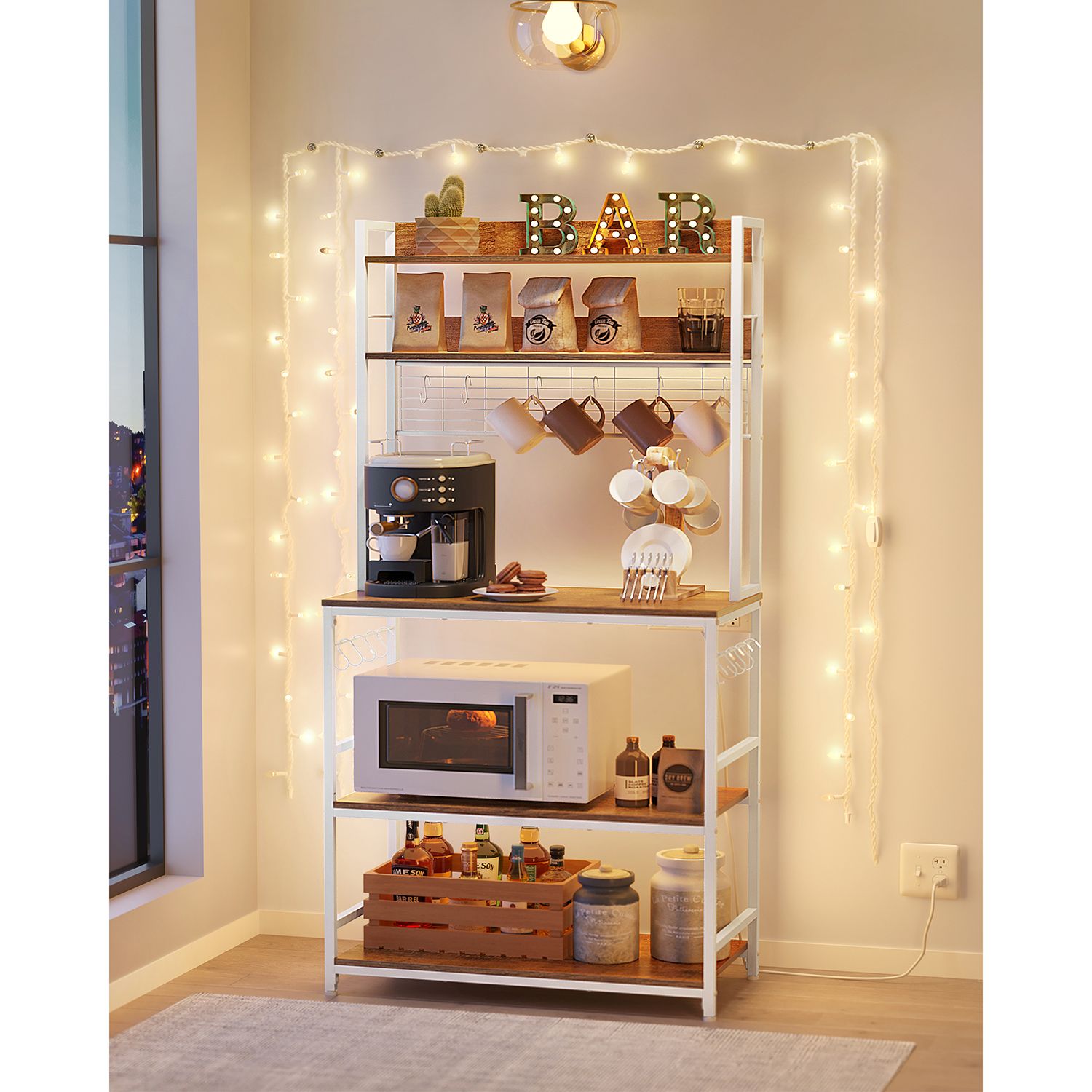 Baker's rack, power outlet, 5-tier kitchen stand, hooks, adjustable shelf