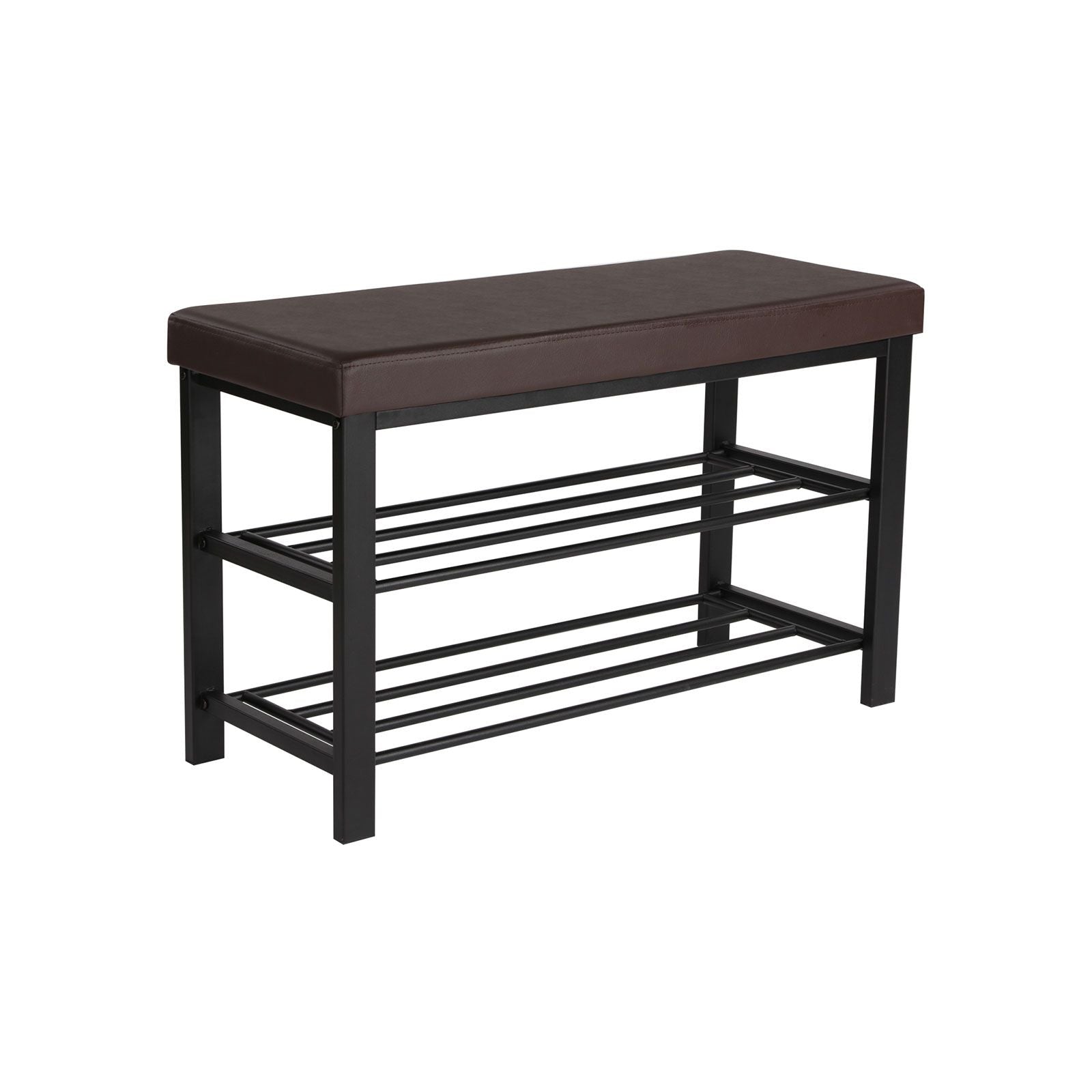 3-Tier Shoe Bench with Foam Padded Seat - Brown Seat, Dull Polished Black Frame