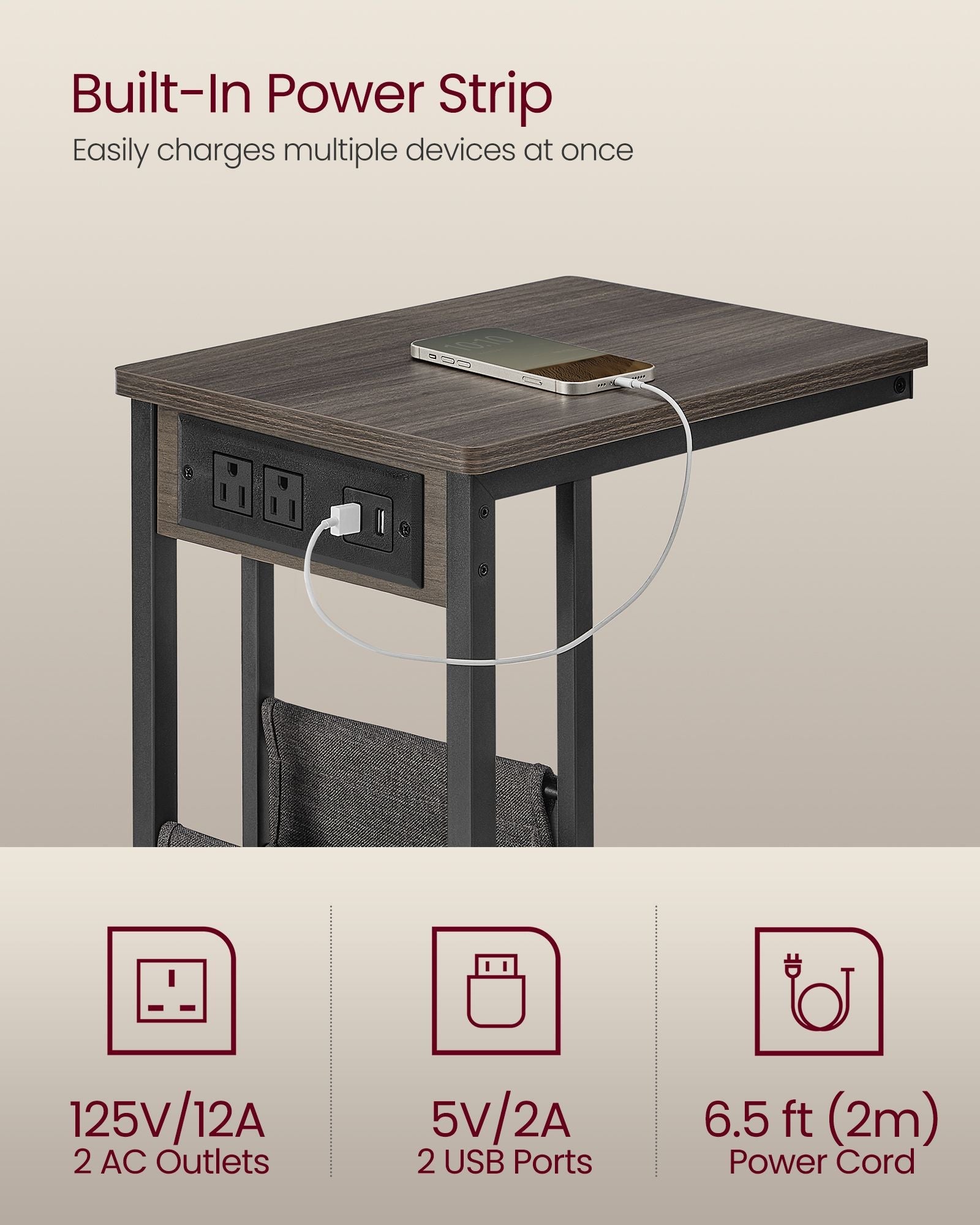 C-Shaped Side Table, 24.4" H, Wheels/Charging Station/Storage Bag, Small Space