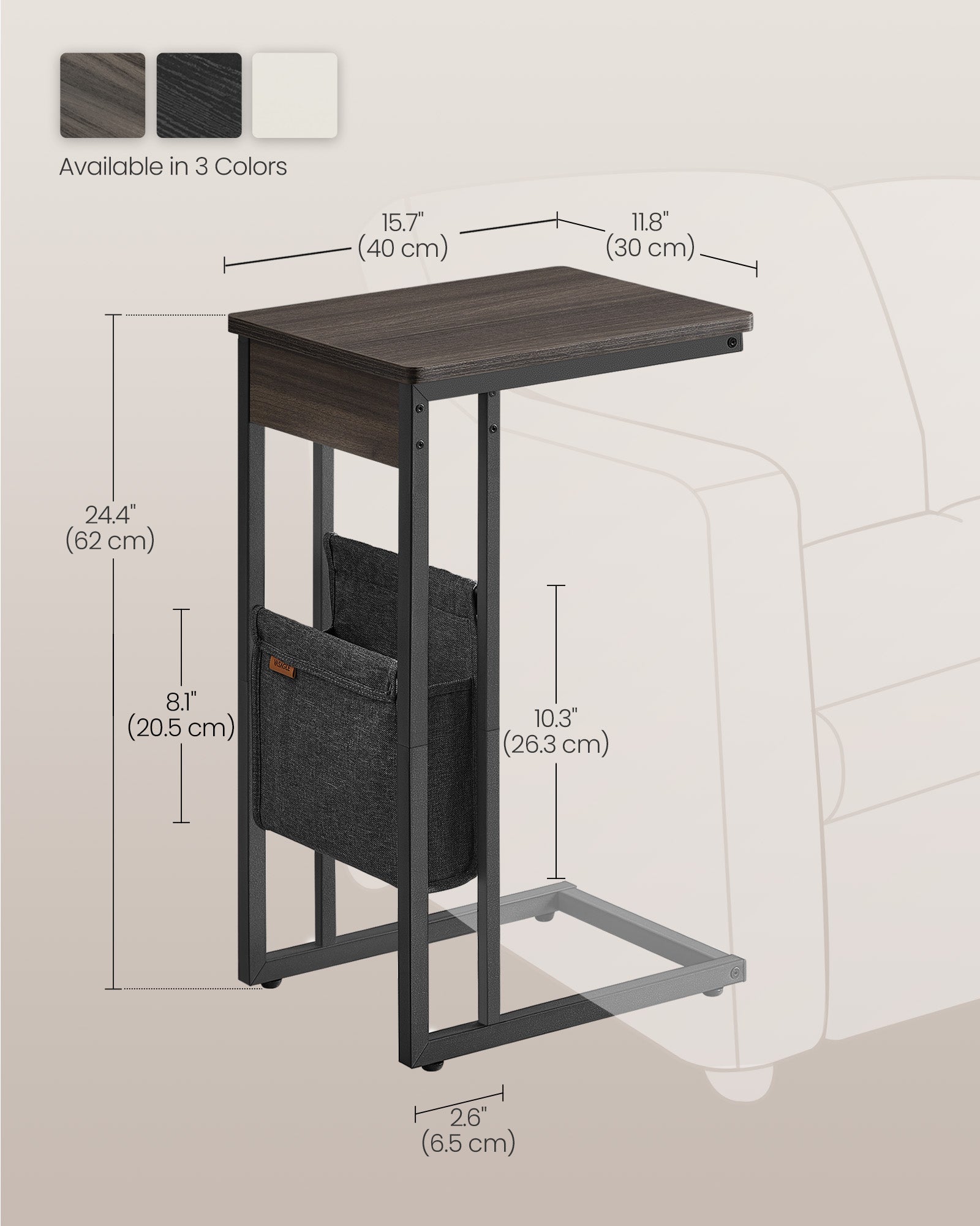 C-Shaped Side Table, 24.4" H, Wheels/Charging Station/Storage Bag, Small Space