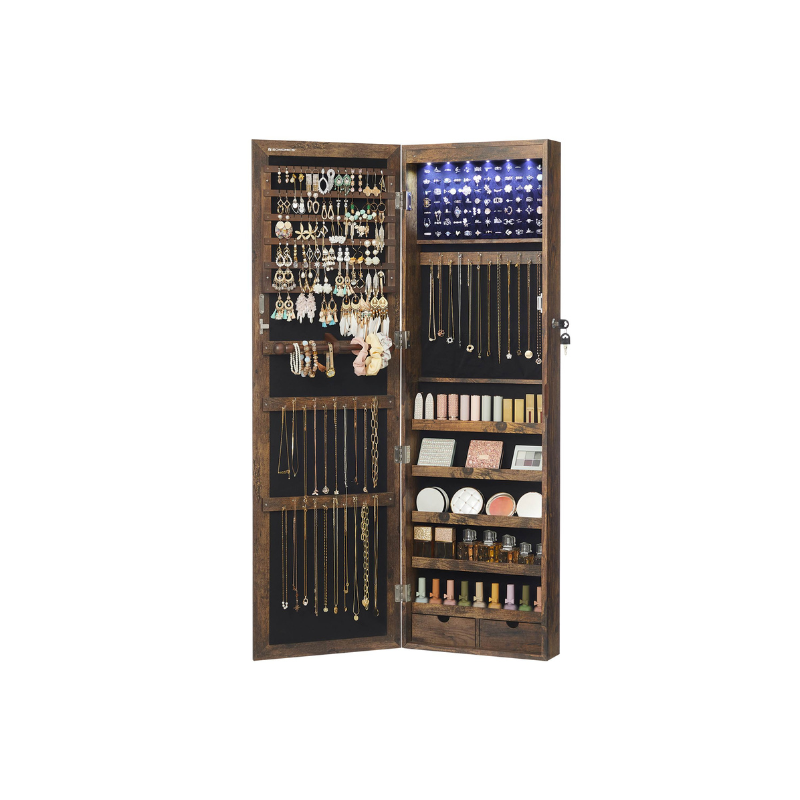 Lockable Wall or Door Mounted Jewelry Armoire Organizer with Mirror - Rustic Brown