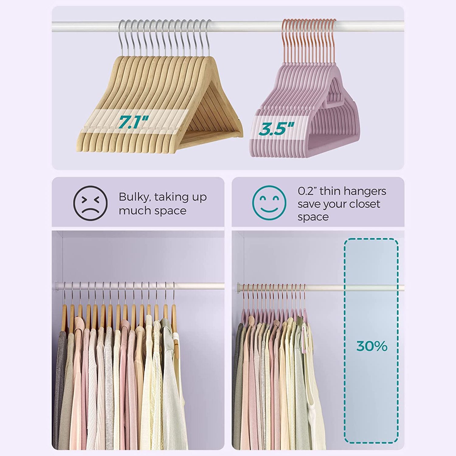 Set of 50 Clothes Hanger with Rose Gold Swivel Hook - Lavender Purple