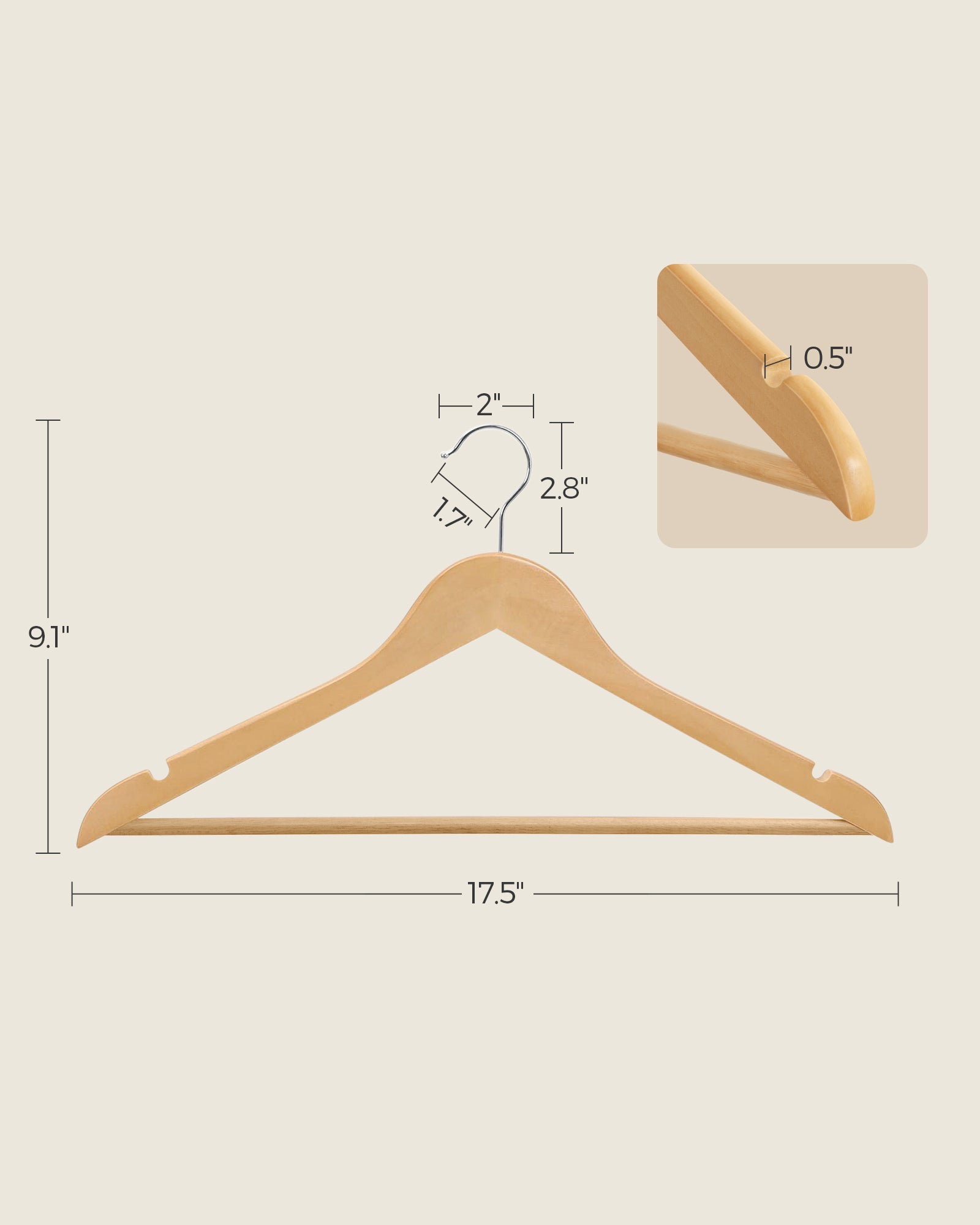 20-Pack Wood Coat Hangers with Shoulder Notches - Natural, Silver