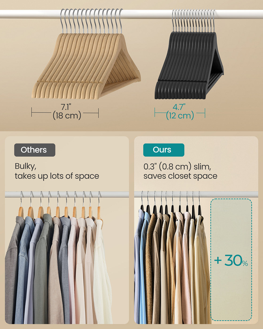 Wooden Hangers with 360° Swivel Hooks - Pack of 30 - Ink Black