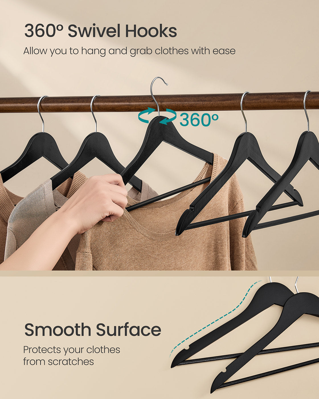 Wooden Hangers with 360° Swivel Hooks - Pack of 30 - Ink Black