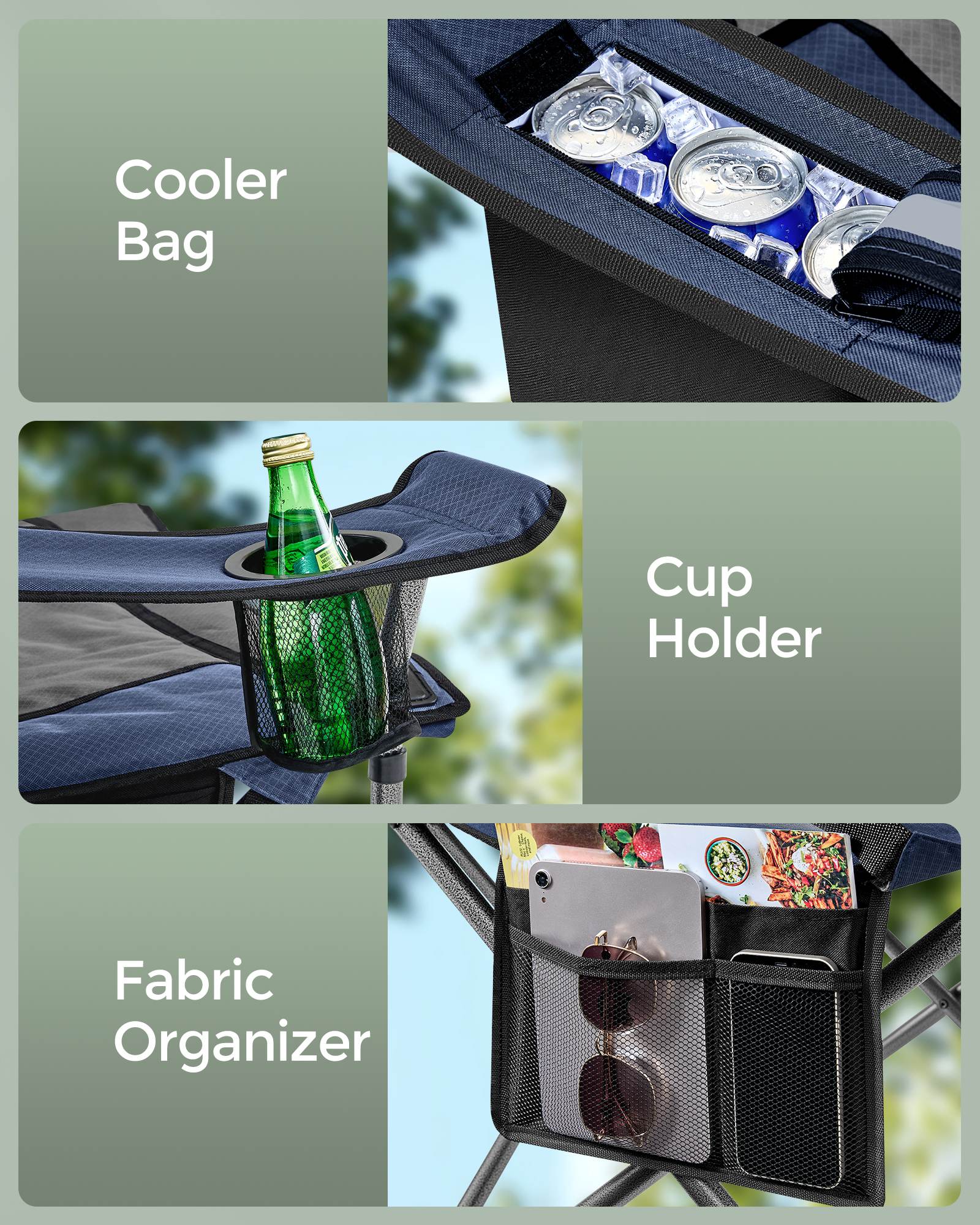 Camping Chair with Cushion, 450 lb, Foldable, Cooler Bag, Cup Holders, Organizer