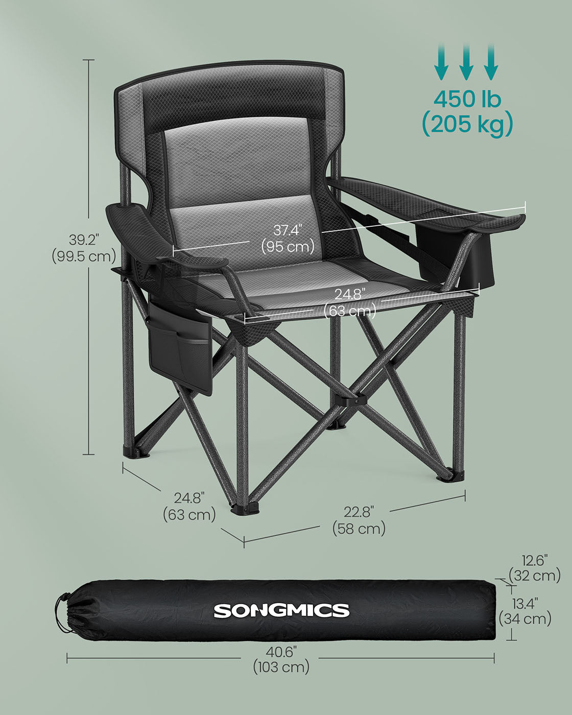 Camping Chair with Cushion, 450 lb, Foldable, Cooler Bag, Cup Holders, Organizer